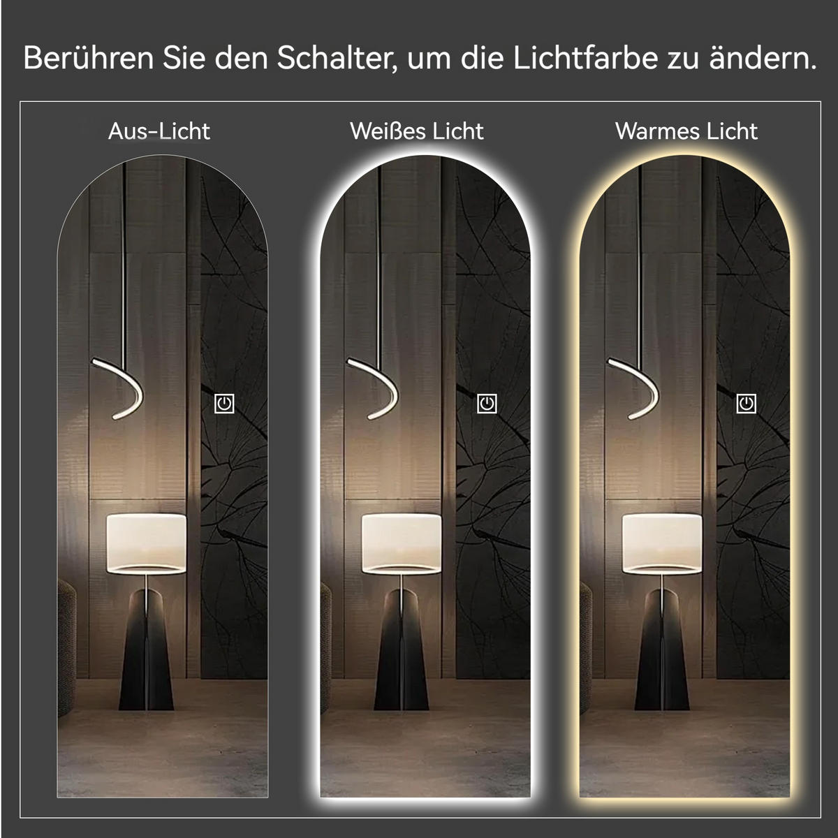 STANDSPIEGEL LED bogenförmig – Ganzkörperspiegel dimmbar, hochauflösend, bruchsicher, freistehend oder Wandmontage, hell beleuchtet - Silberfarben, Glas (50/3/165cm) - Ej. Life