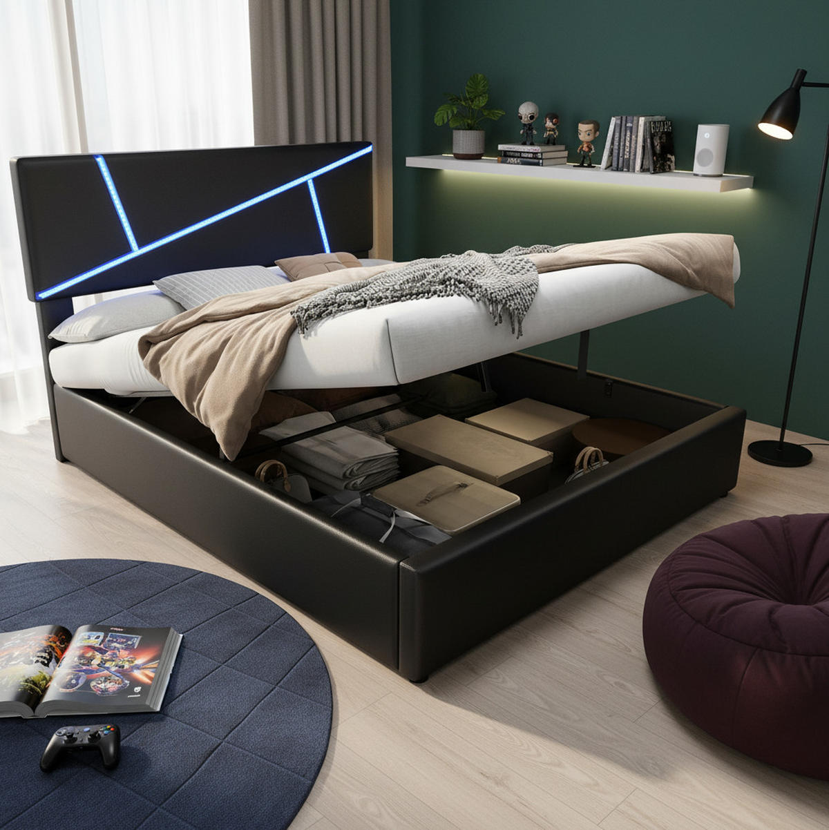 POLSTERBETT mit Stauraum und LED 90x200 cm PU Schwarz - Schwarz, Metall (90/200cm) - Meubliv