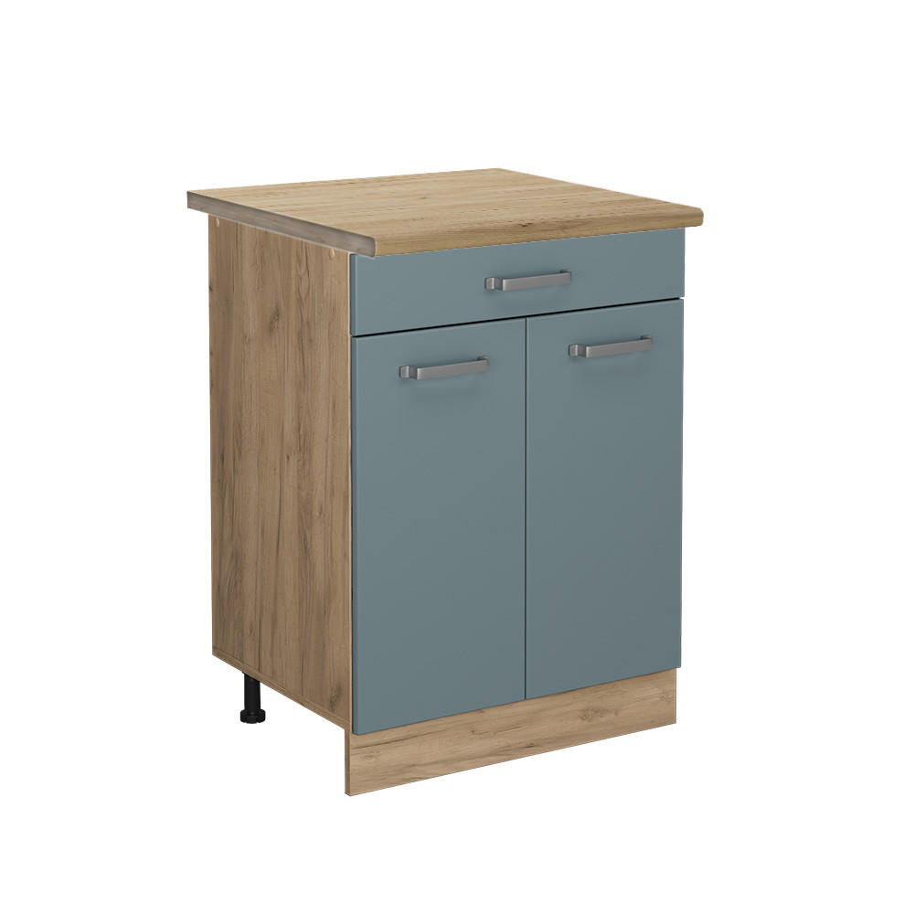 KÜCHENUNTERSCHRANK R-Line Blau-Grau 60 cm mit Schublade, AP Eiche - Honigeiche/Eiche Wotan, Holzwerkstoff (60/81.6/60cm) - Vicco