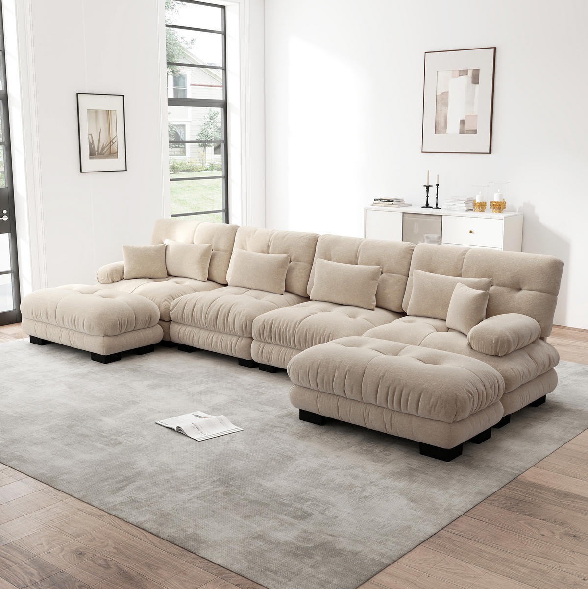 WOHNLANDSCHAFT aus Chenille Hellbraun modular mit beweglichen Ottomane, U- oder L-Form und Cloud-Komfort - Cappuccino, Textil (406/81/145cm) - Modfu