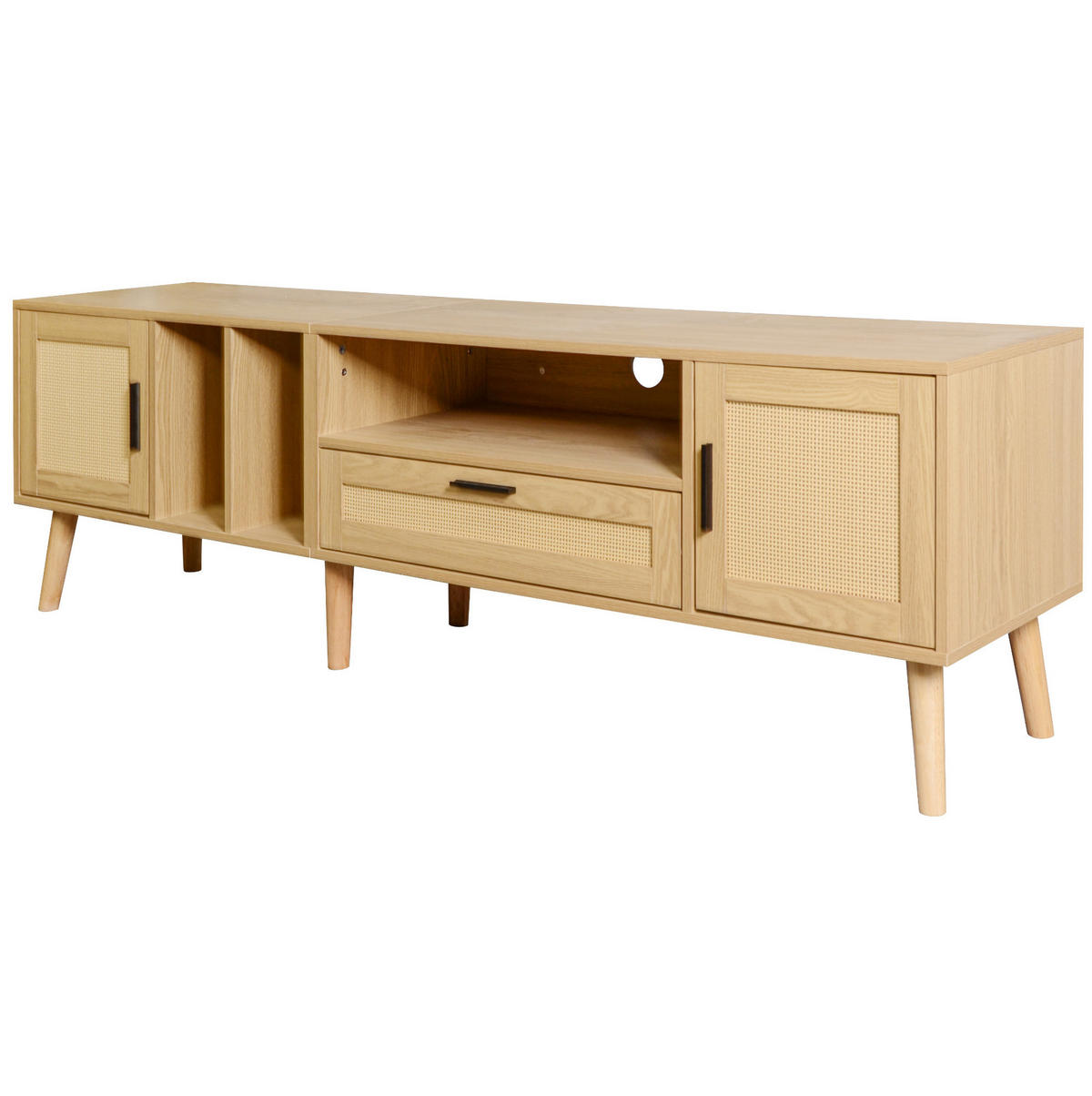 TV-LOWBOARD aus Spanplatte 180x40x54 cm Eiche mit Rattan-Akzenten, 2 Türen und Schublade - Eichefarben, Holzwerkstoff (180/54/40cm) - IVMEU