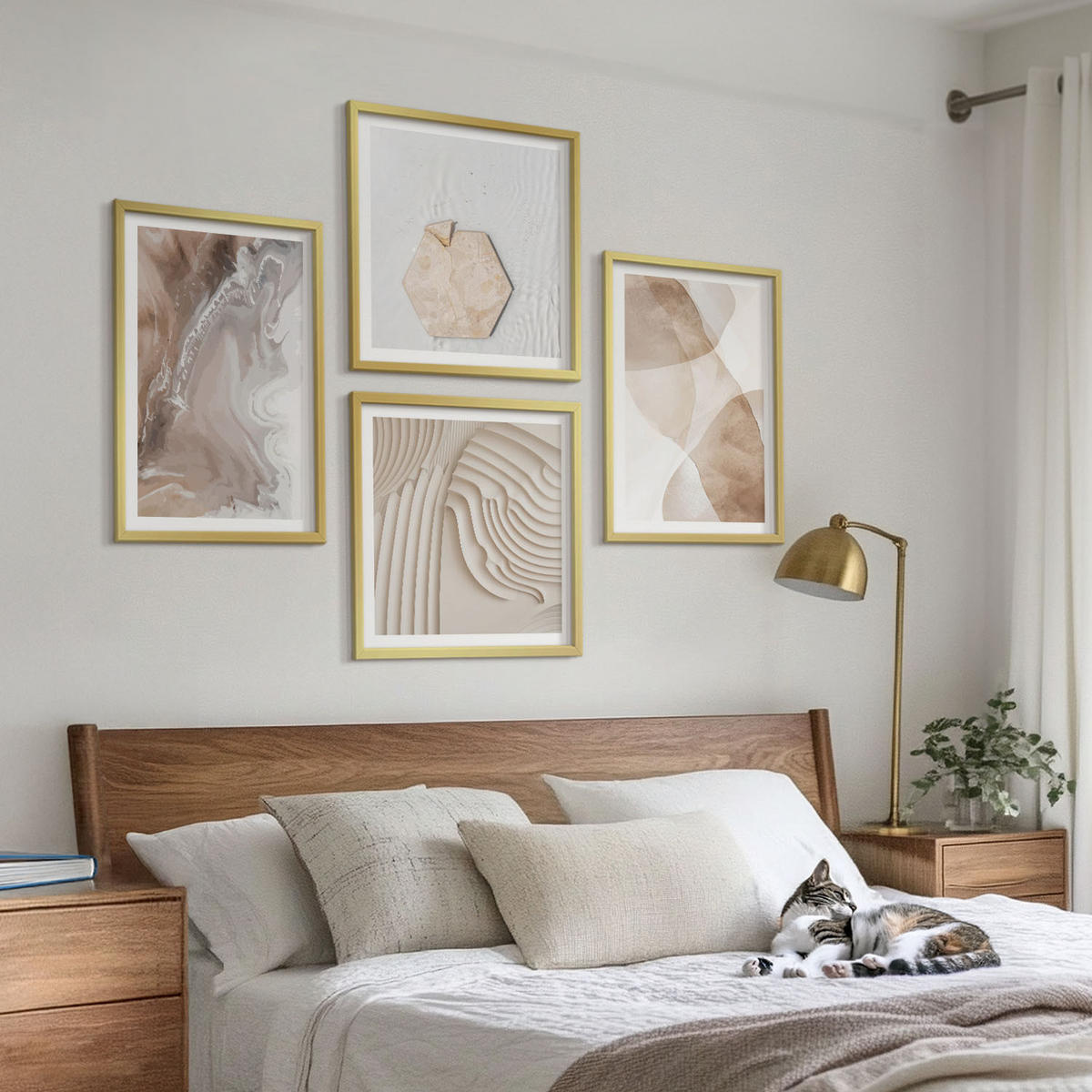 WANDBILDER 4er Set - 50x50 cm & 40x60 cm Goldrahmen - Abstrakte bemalte Strukturen - Goldfarben, Kunststoff (50/50cm) - ArtPrintCave