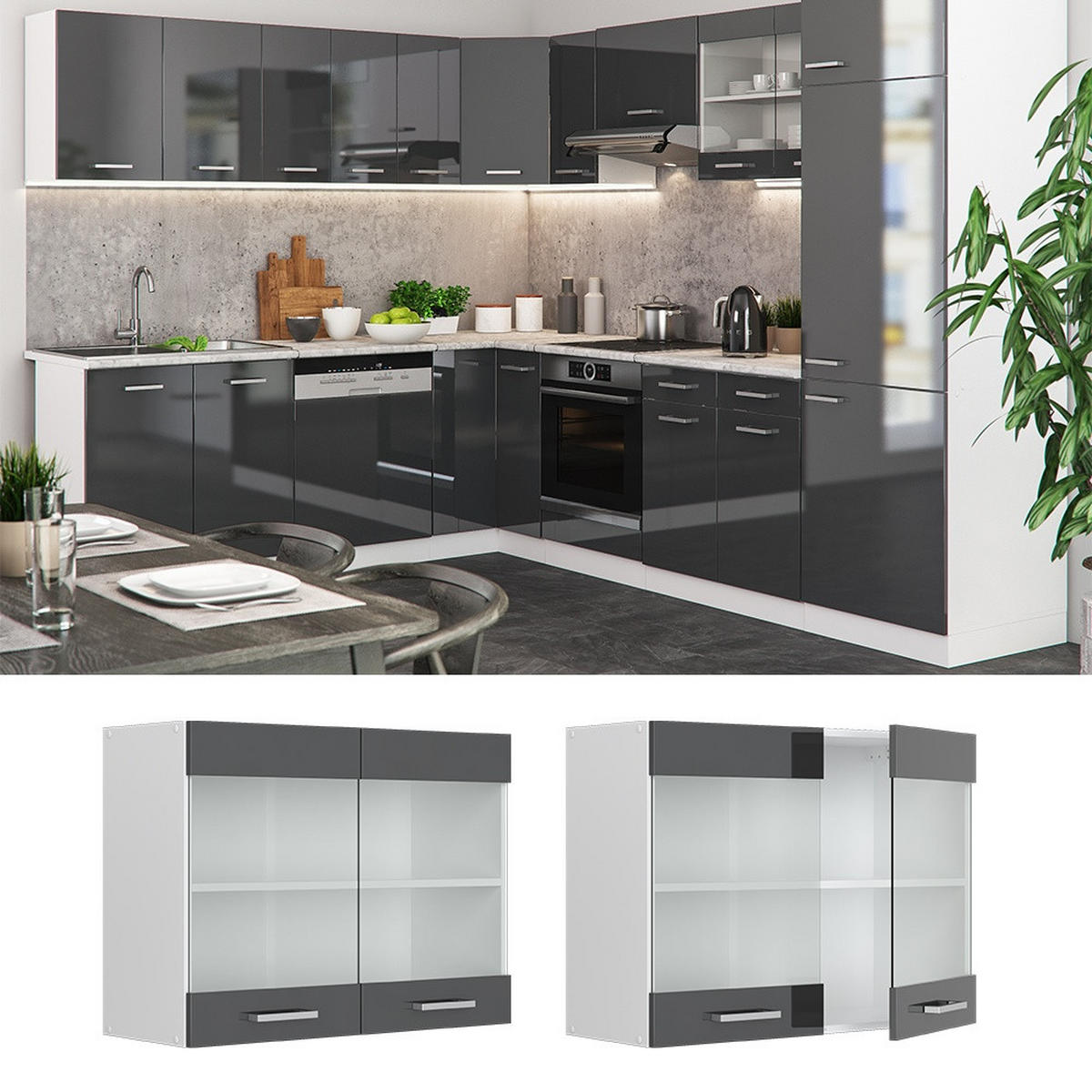 KÜCHENGLASSCHRANK R-Line Anthrazit Hochglanz 80 cm - Schwarz Hochglanz/Weiß, Holzwerkstoff (80/60/31cm) - Vicco
