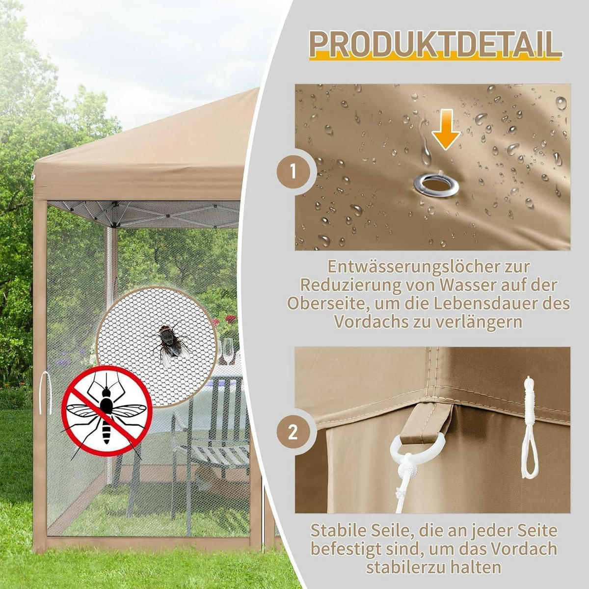FALTPAVILLON 3x3 m mit Moskitonetzen Khaki - Olivgrün, Textil (300/245/300cm)