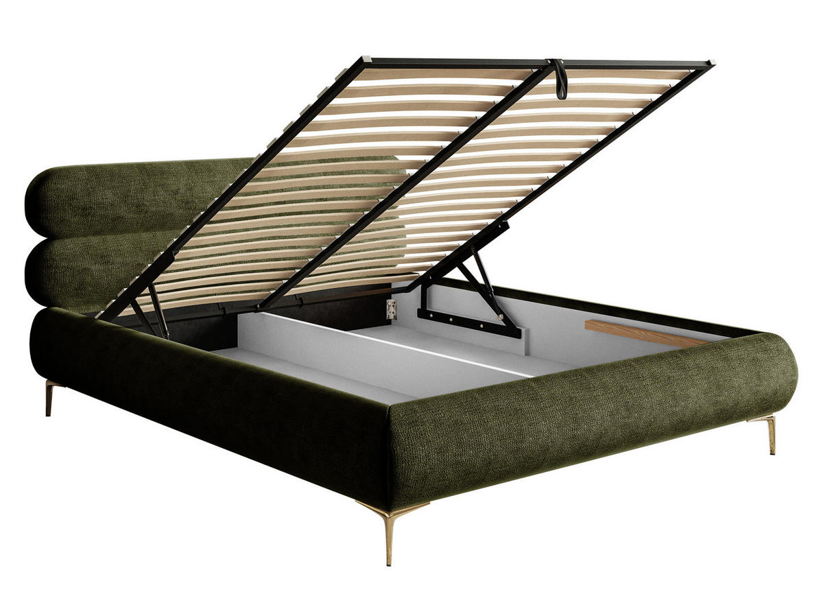 POLSTERBETT Roule Olivgrün Chenille mit goldenen Metallbeinen und Bettkasten 140 cm - Goldfarben/Olivgrün, Textil/Metall (140/200cm) - Selsey