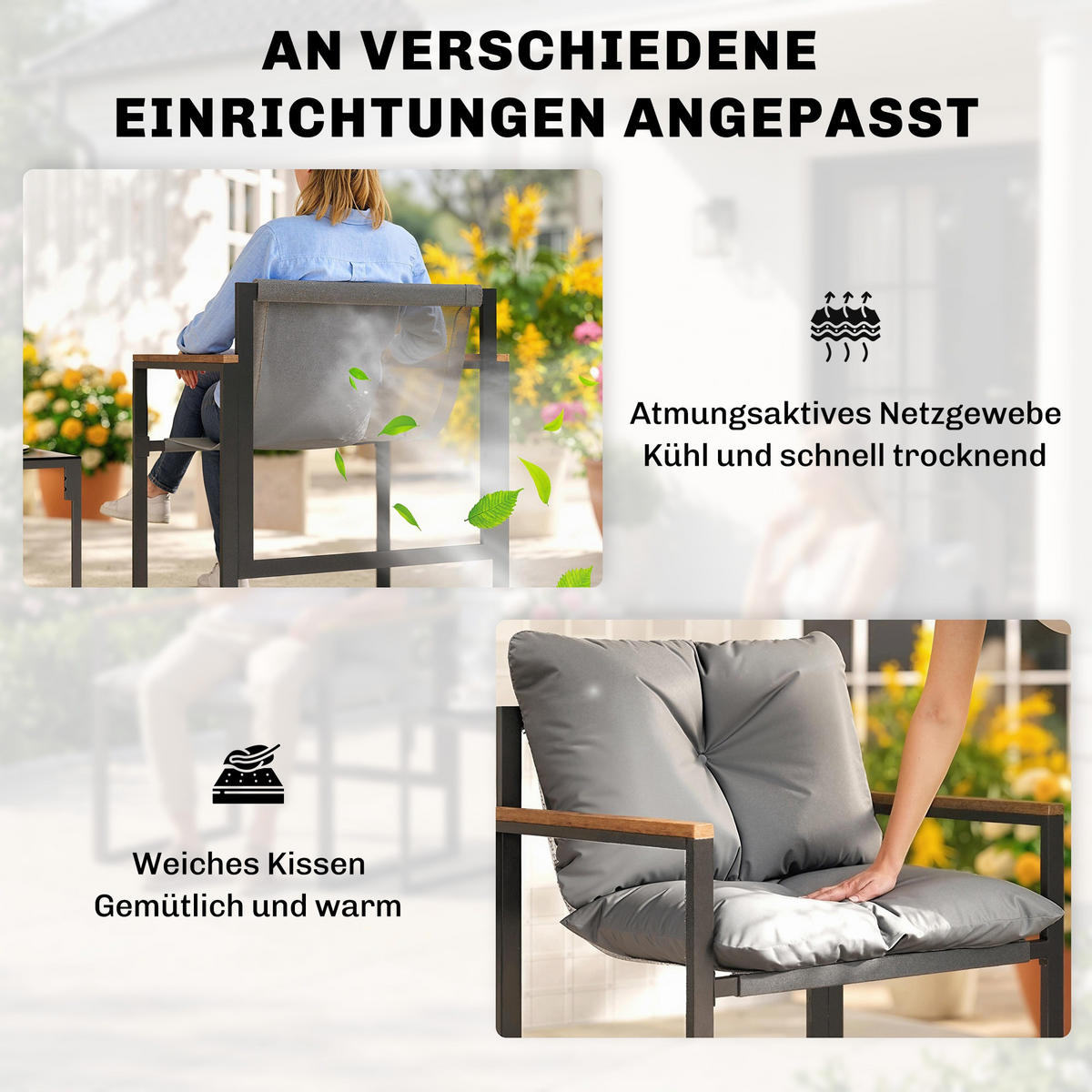 BISTRO-SET Metall Texteline Grau - Schwarz/Grau, Textil/Metall - Outsunny