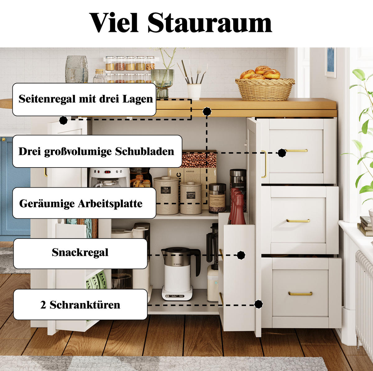 KÜCHENINSEL aus MDF 135-228x39x104 cm Weiß mit 2 Türen, 3 Schubladen, Rollen und ausziehbarer Arbeitsplatte - Weiß, Holzwerkstoff (39/104/135cm) - Modfu