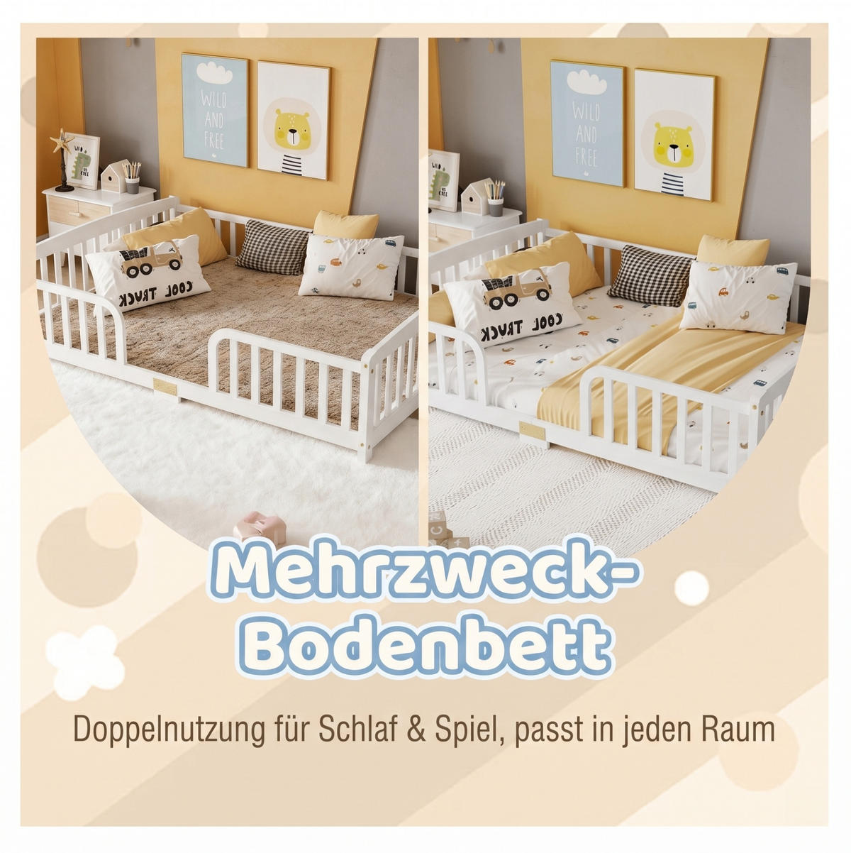 BODENBETT 140x200 cm in Weiß mit Sicherheitsgeländern und mittigem Einstieg - Weiß, Holz (140/200cm) - IVMEU