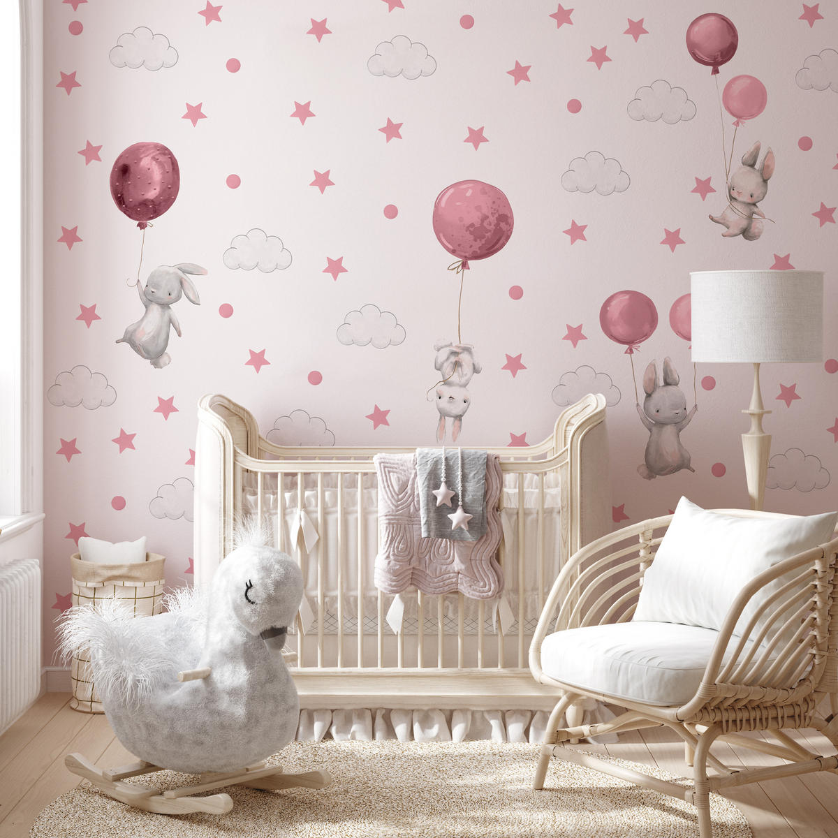 STICKER SET Häschen Ballons Sterne Wolken Punkte 120x60 - Rosa/Weiß, Papier (120/60/1cm) - Muralo