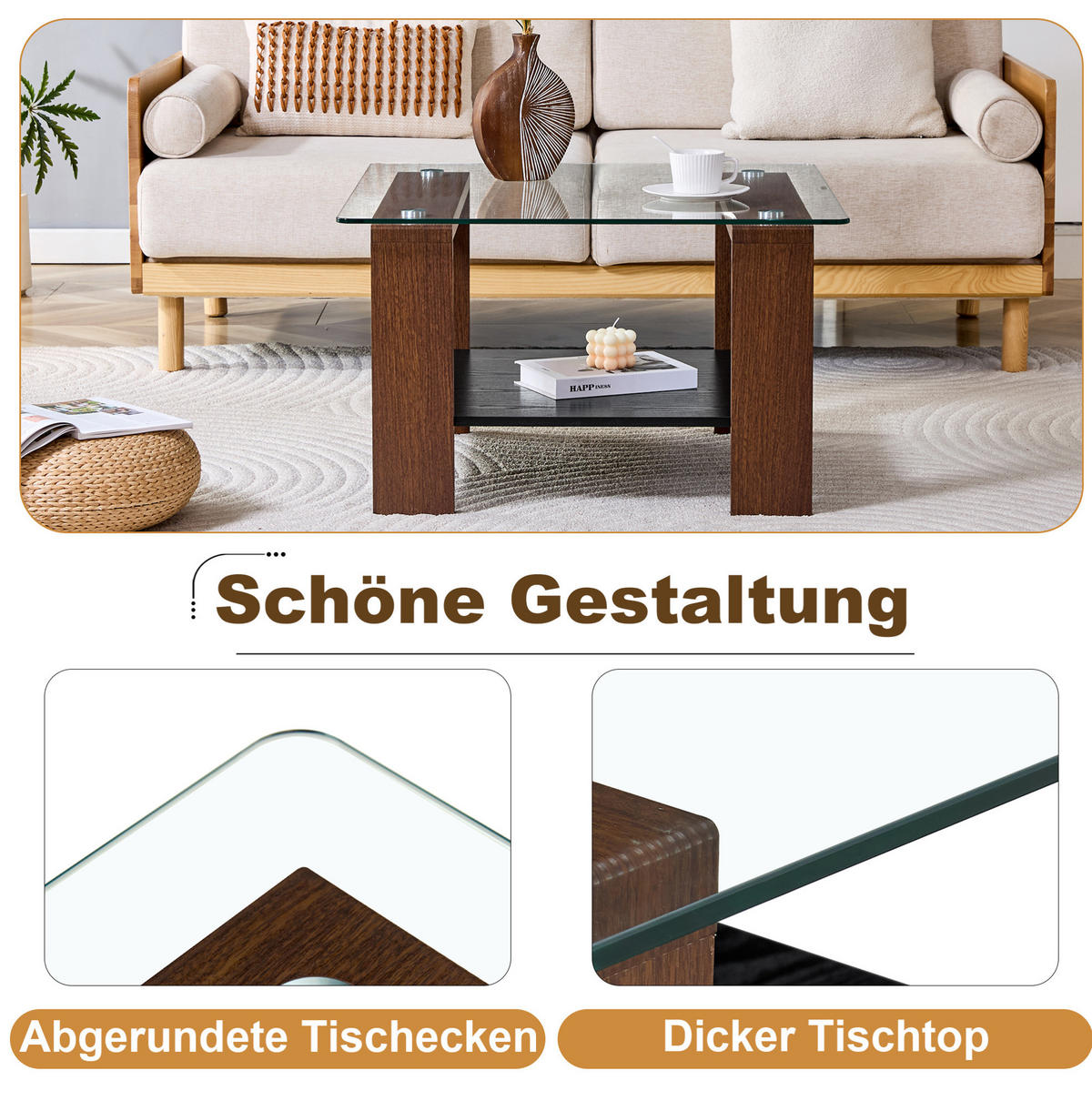 COUCHTISCH 65/41/45,5 cm mit Hartglasplatte und Ablagefach, modern und platzsparend, Walnuss/Schwarz - Walnussfarben, Holzwerkstoff (75/75/45.5cm) - Redom