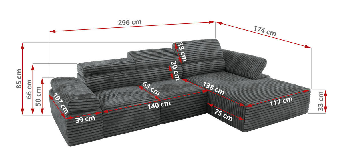 ECKSOFA RILASSO L Dunkelgrau Cord - links - Dunkelgrau/Schwarz, Kunststoff/Textil (296/174cm) - MKS