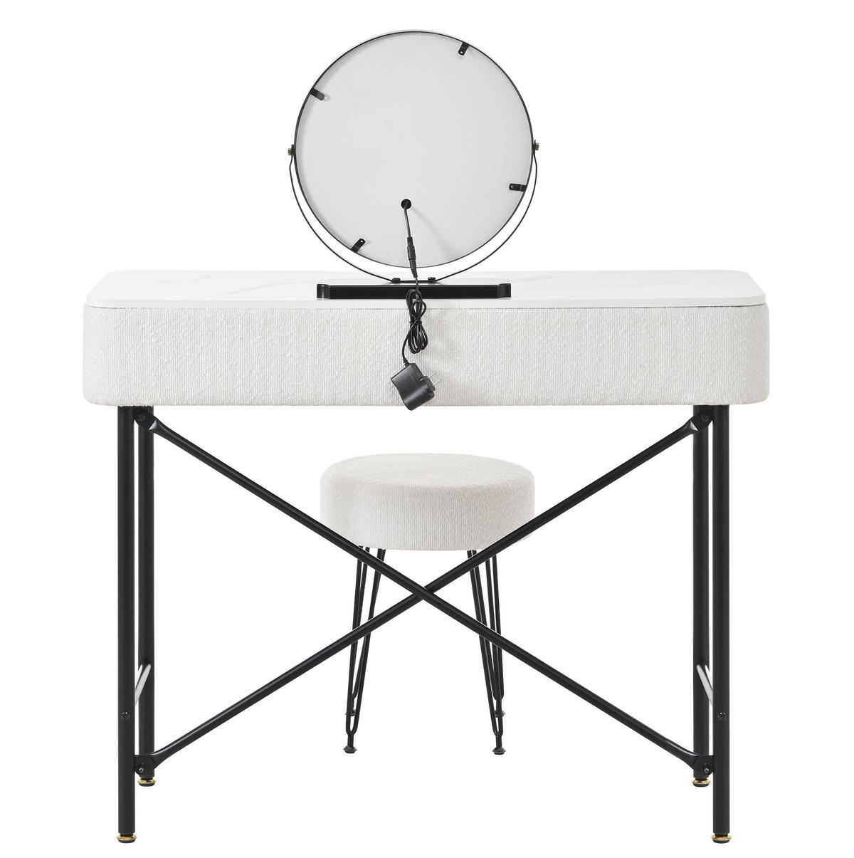 STOL za šminkanje s LED ogledalom, 100/40/120 cm, bijeli, s tabureom i 2 ladice - bijela, drvni materijal (40/120/100cm) - BEAOK