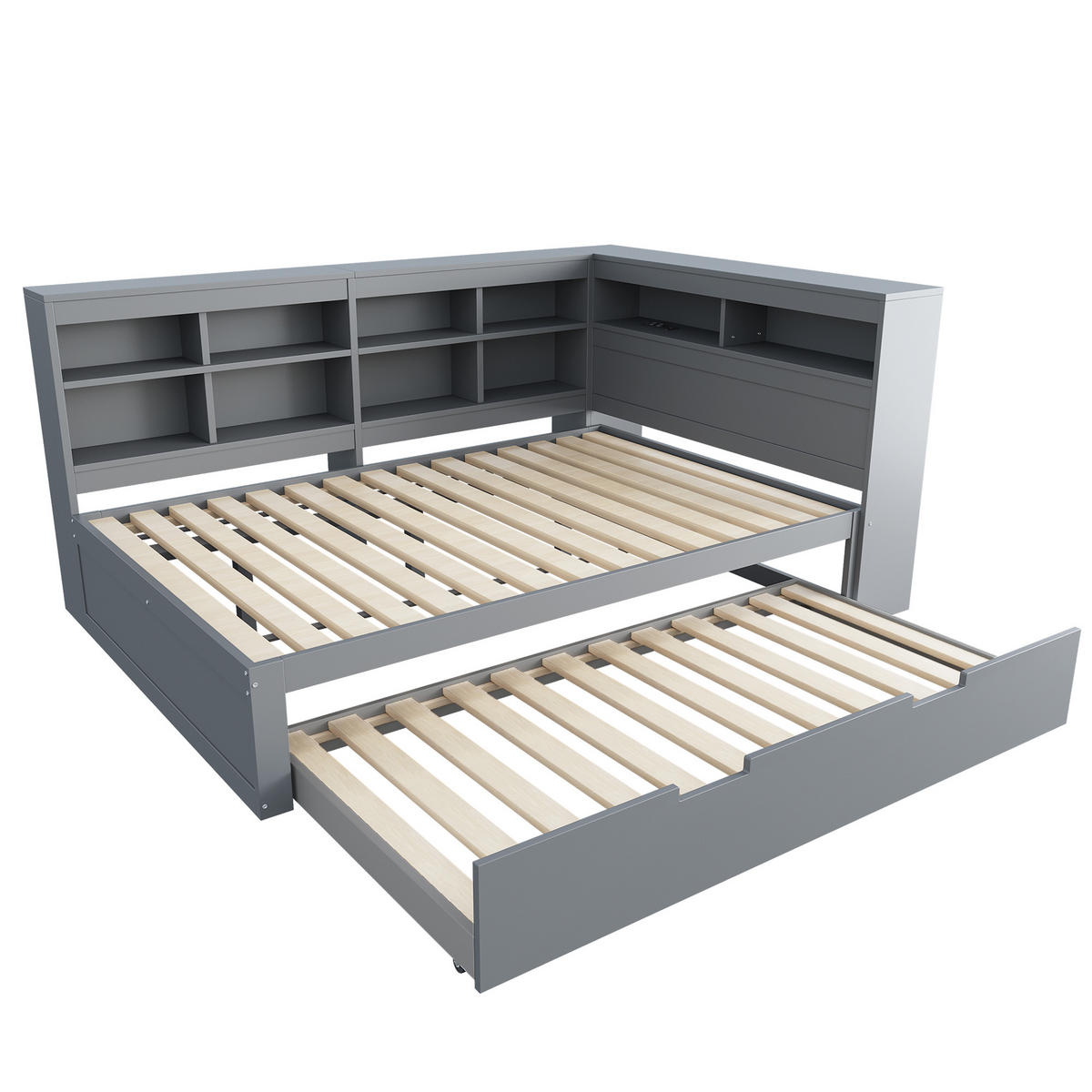 MULTIFUNKTIONSBETT 140/200 cm grau mit Ausziehbettund USB-Steckdose aus Massivholz - Grau, Holz (140/200cm) - OKWISH
