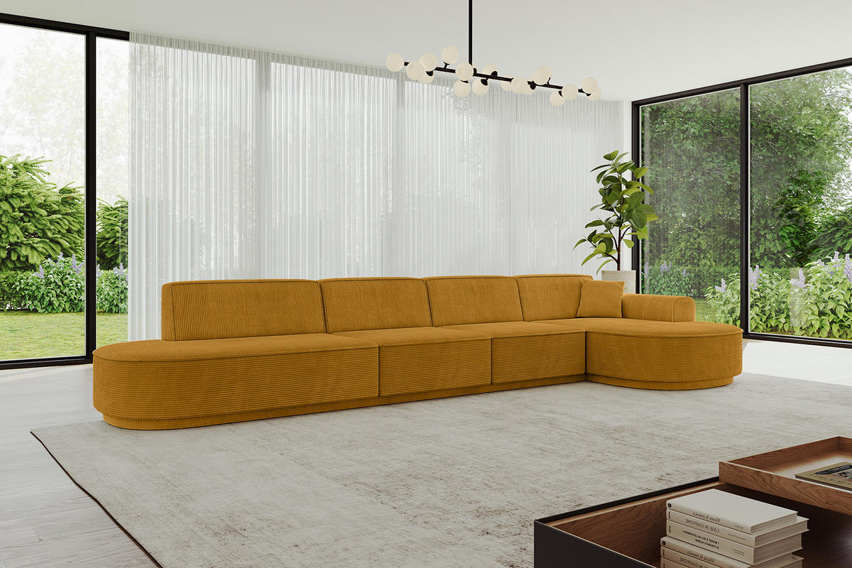 ECKSOFA Ottomane Rechts MARI-L3 - 402x163x81 cm Senfgelb Cord - Gelb/Schwarz, Holzwerkstoff/Kunststoff (402/163cm) - ALTDECOR