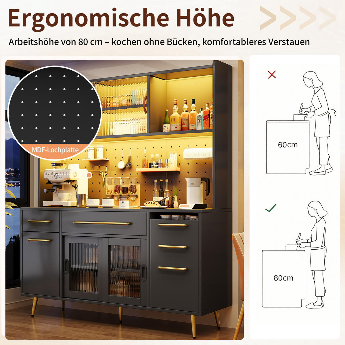 SIDEBOARD 145/39/171 cm schwarz aus MDF mit LED-Beleuchtung - Schwarz, Holzwerkstoff (145/171/39cm) - OKWISH