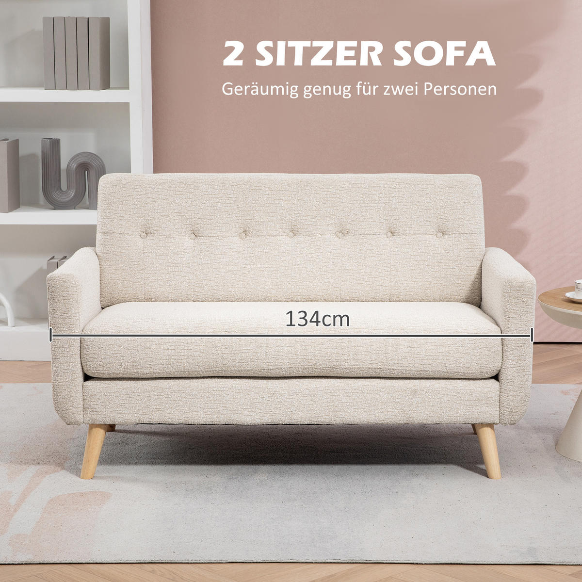 2 Sitzer Sofa, Couch mit Dickem Sitz- und Rückenkissen, Samtoptik, Beige - Beige, Kunststoff (71/82/134cm) - HOMCOM