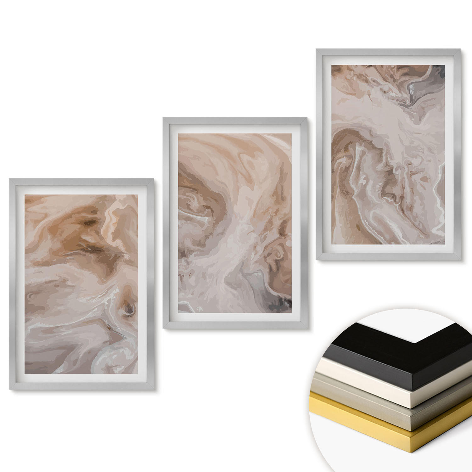 WANDBILDER 3er Set - 40x60 cm Silberner Rahmen - abstrakte Marmortexturen - Silberfarben, Kunststoff (40/60cm) - ArtPrintCave