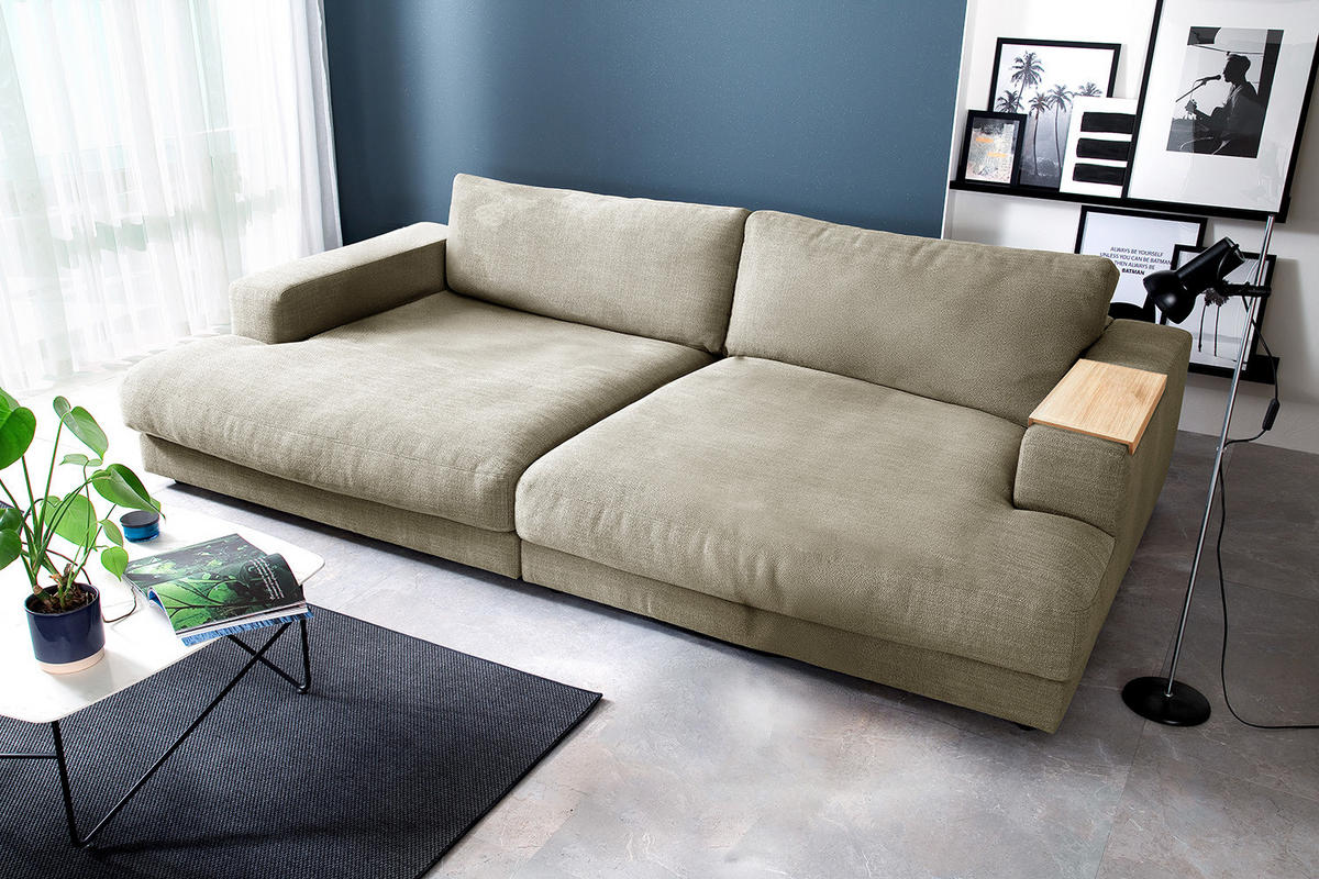 BIG SOFA XL MIT TABLETT MADELINE Cremeweiß Webstoff - Creme/Schwarz, Kunststoff/Textil (290/85/190cm) - KAWOLA