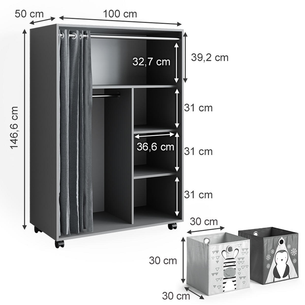 KLEIDERSCHRANK Doros Grau 100 x 146.6 cm mit Faltboxen - Grau, Holzwerkstoff (100/146.6/50cm) - Vicco