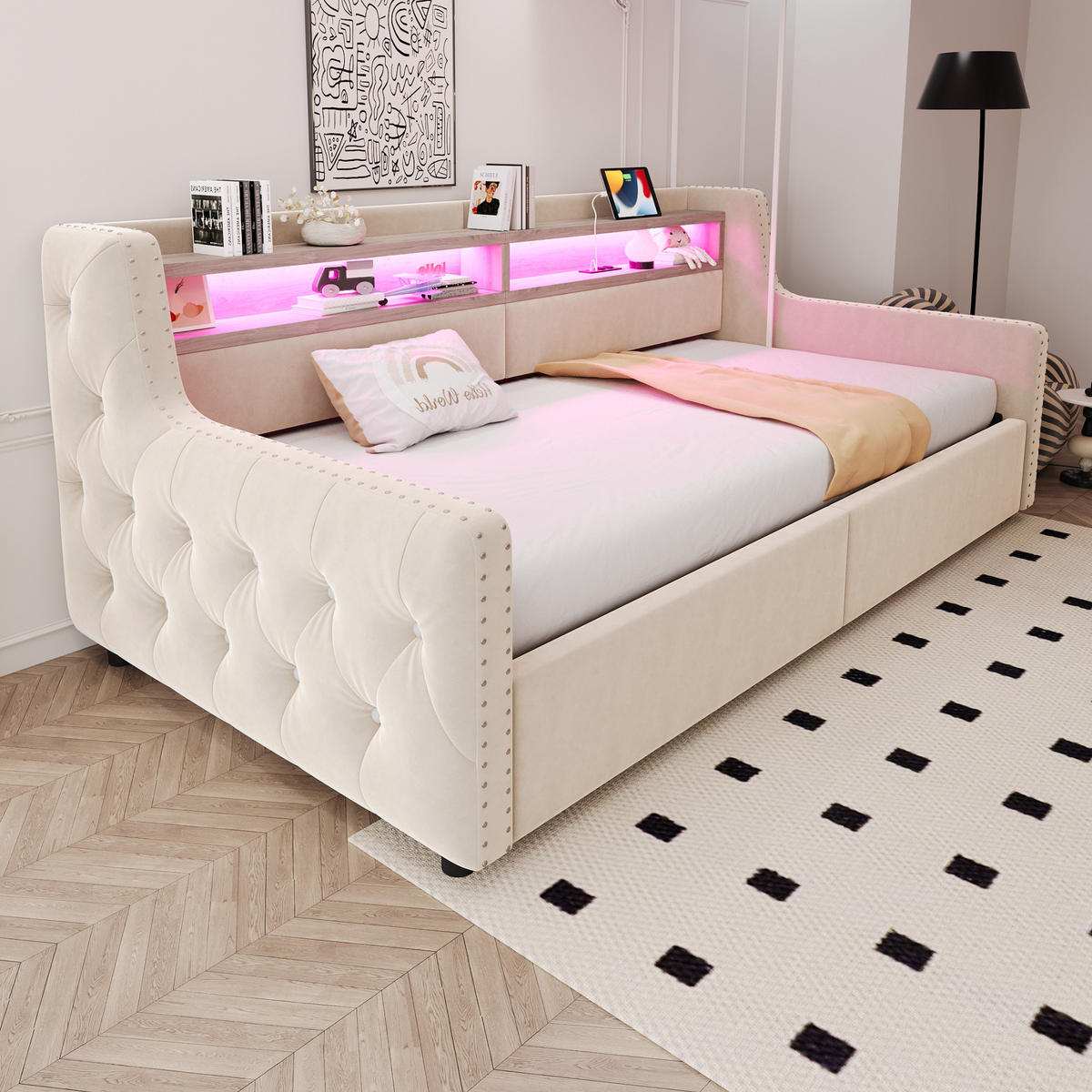 POLSTERBETT 90/200 cm DE-02101, in Beige, mit Sofafunktion, LED und Hydraulik - Beige, Metall (90/200cm) - ComfortXL