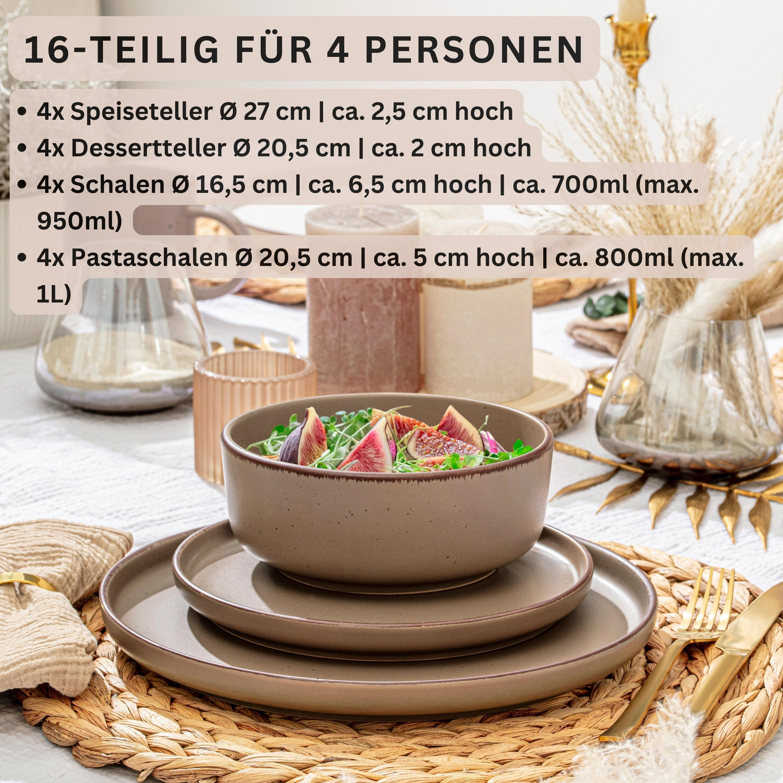 TAFELSERVICE BOMBAY OAK - 16 teilig aus Steingut - Braun, Stein (27/6.5/27cm) - Sänger