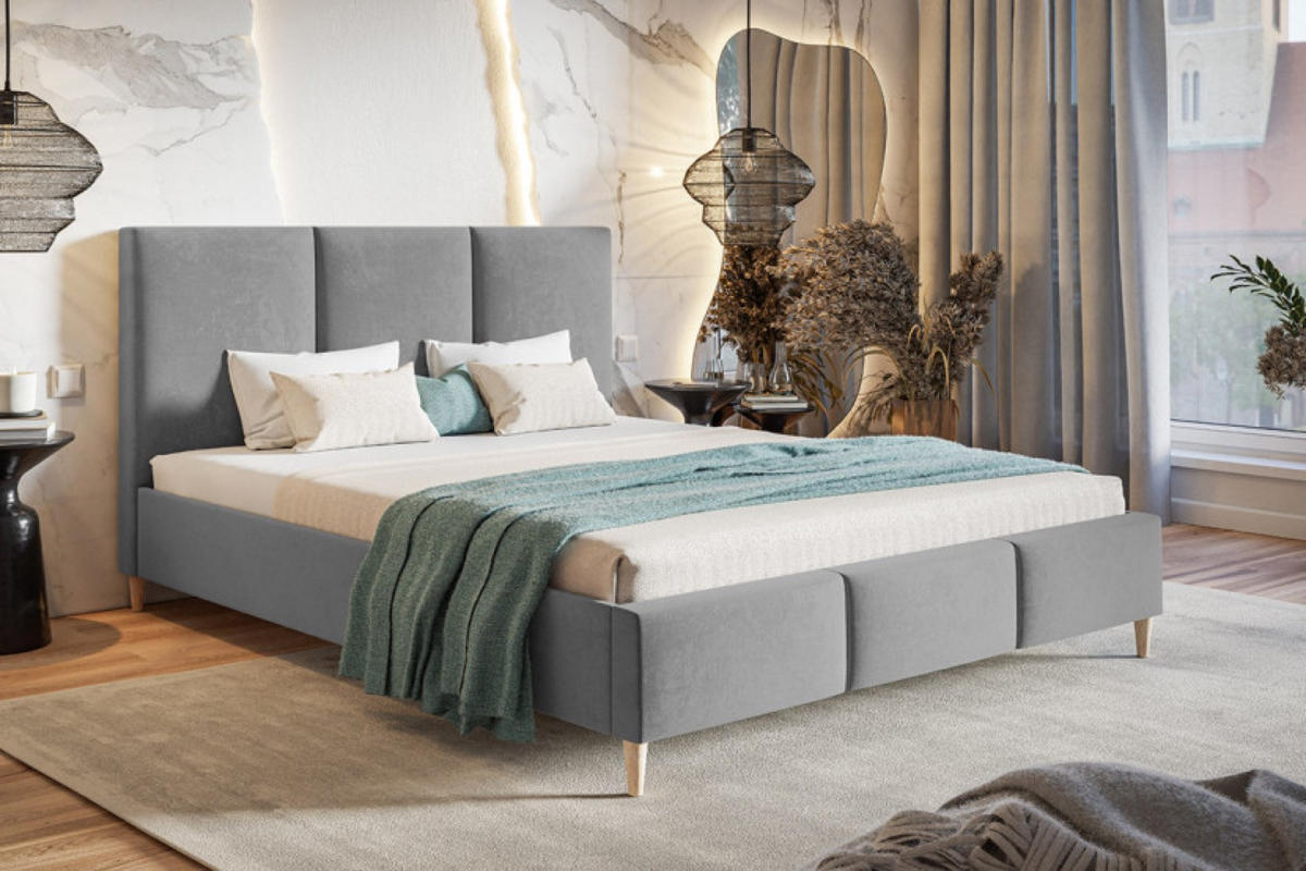 BETT Grau LUXO 7 Gepolstert Auf Hohen Holzbeinen 140x200 cm - Eichefarben/Schwarz, Textil (140/200cm) - Sepro Meble