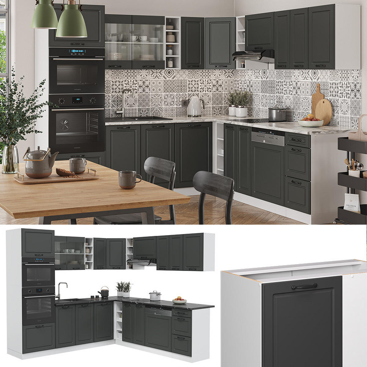 ECKKÜCHE R-Line Anthrazit Landhaus/Weiß 237 x 247 cm, AP Anthrazit - Dunkelgrau/Weiß, Holzwerkstoff (247/81.6/60cm) - Vicco