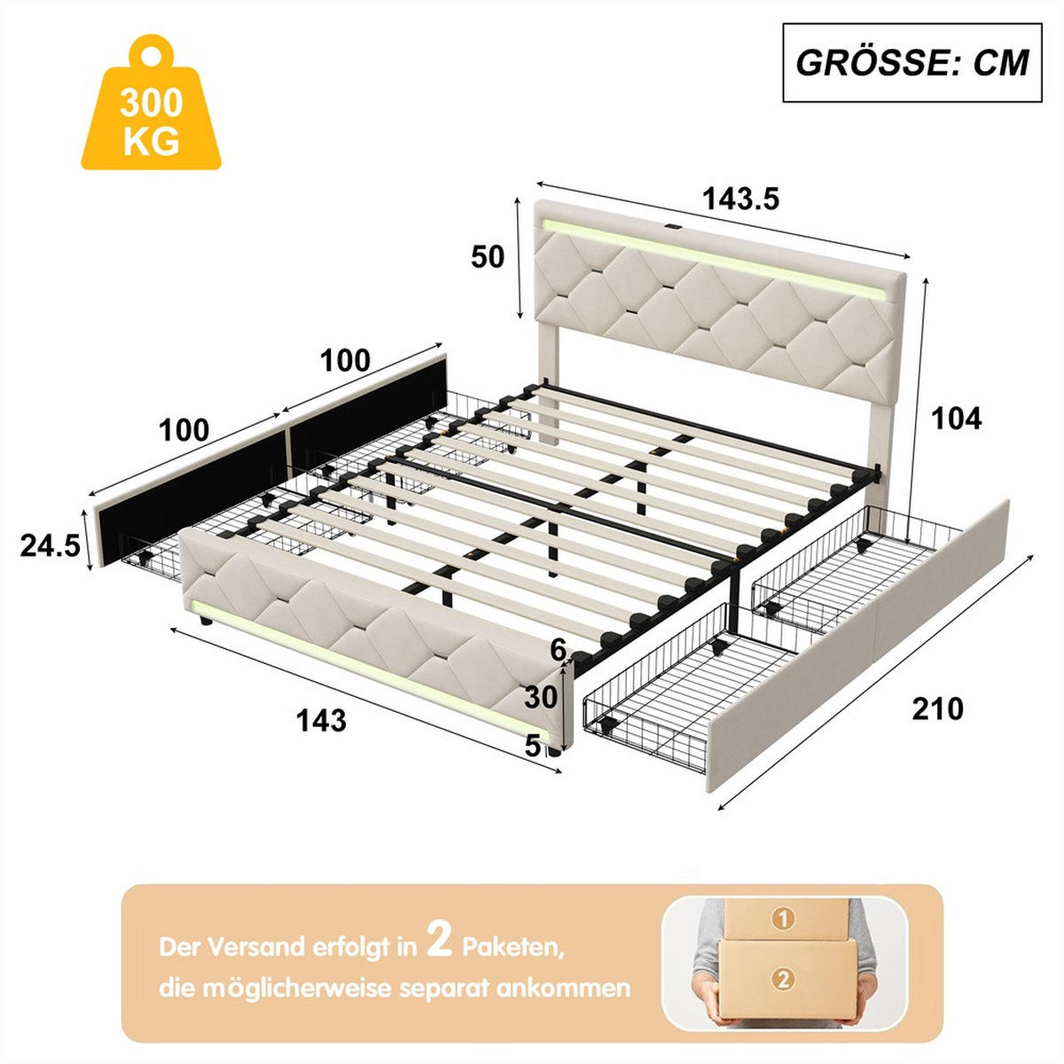 POLSTERBETT 140x200 cm - Doppelbett mit 4 Schubladen und LED-Beleuchtung an Kopfteil und Fußteil - ohne Matratze - Beige, Textil (140/200cm) - DELFA