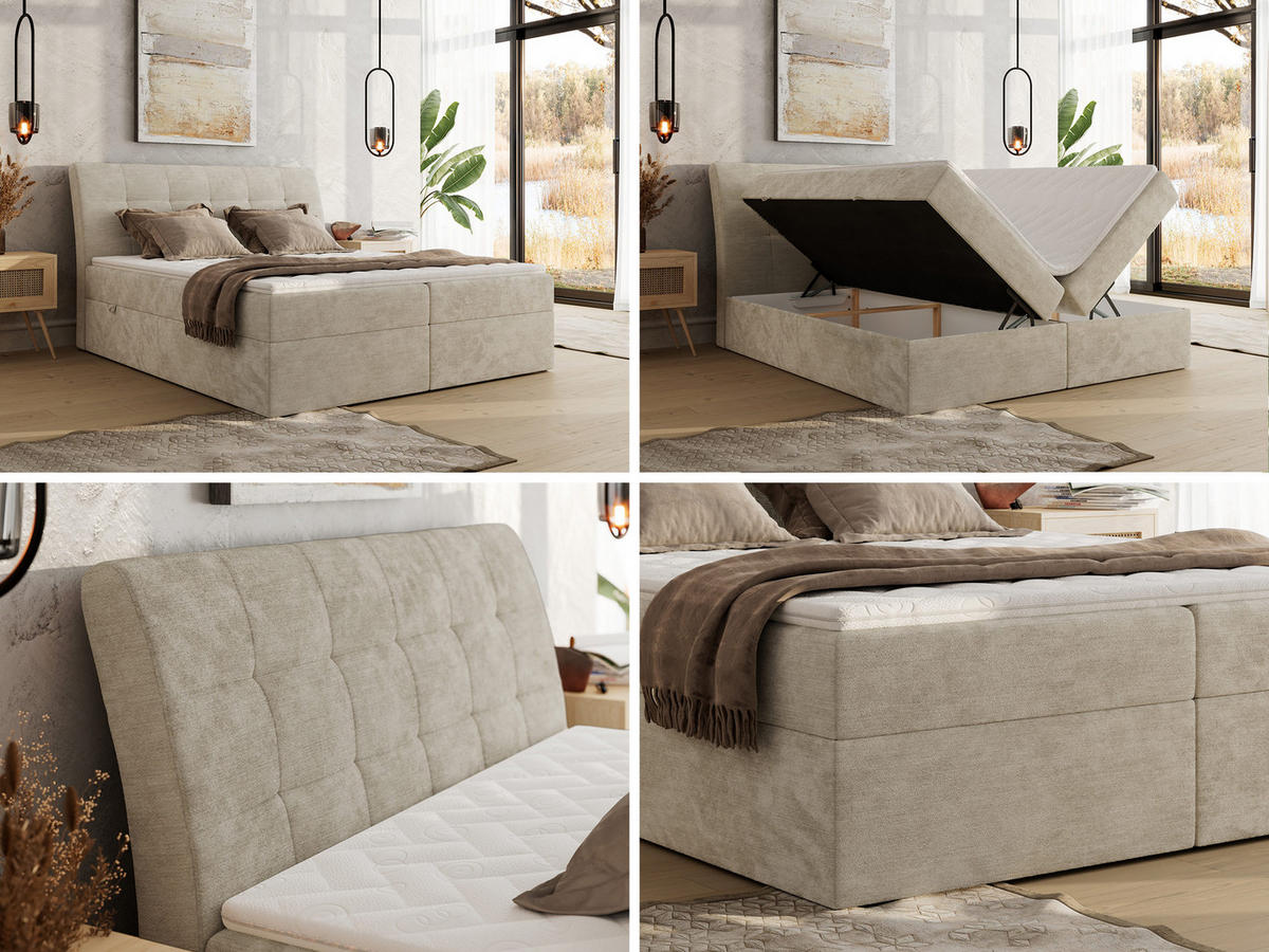 BOXBETT DAGOS 180/200 - Beige Schenille glatt - H4 - Topper Visco - Beige, Textil (180/200cm) - MKS
