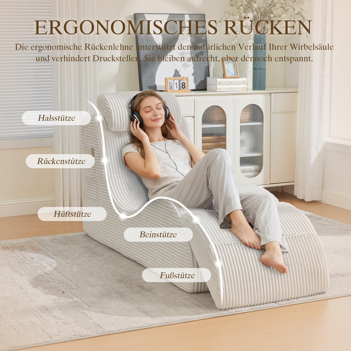 RELAXSESSEL 160/66/90 cm Beige aus Cord mit Seitentasche und Sitzkissen - Beige, Textil (66/90/160cm) - OKWISH