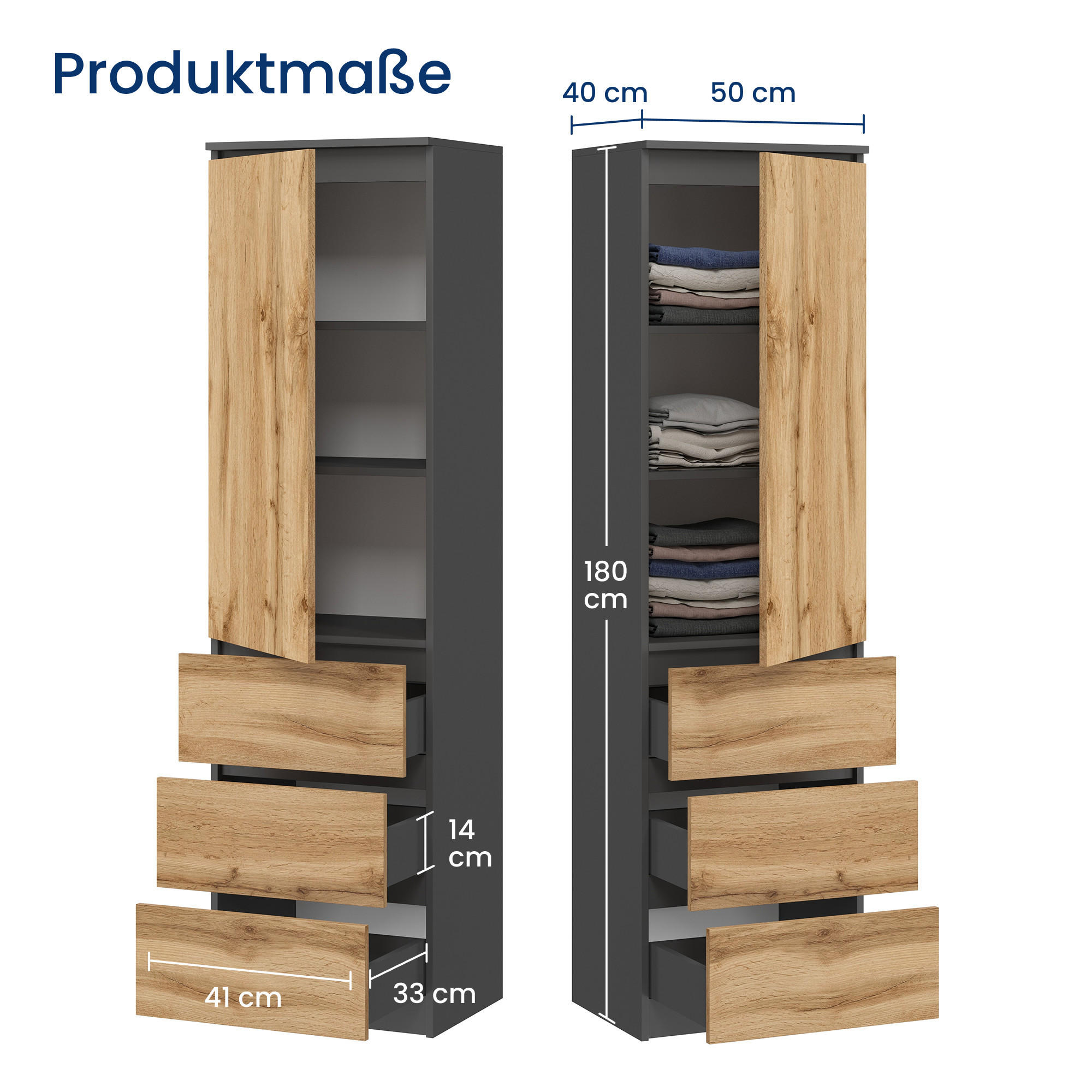 KLEIDERSCHRANK in Anthrazit - Anthrazit, Holzwerkstoff (40/180/50cm) - Home Collective