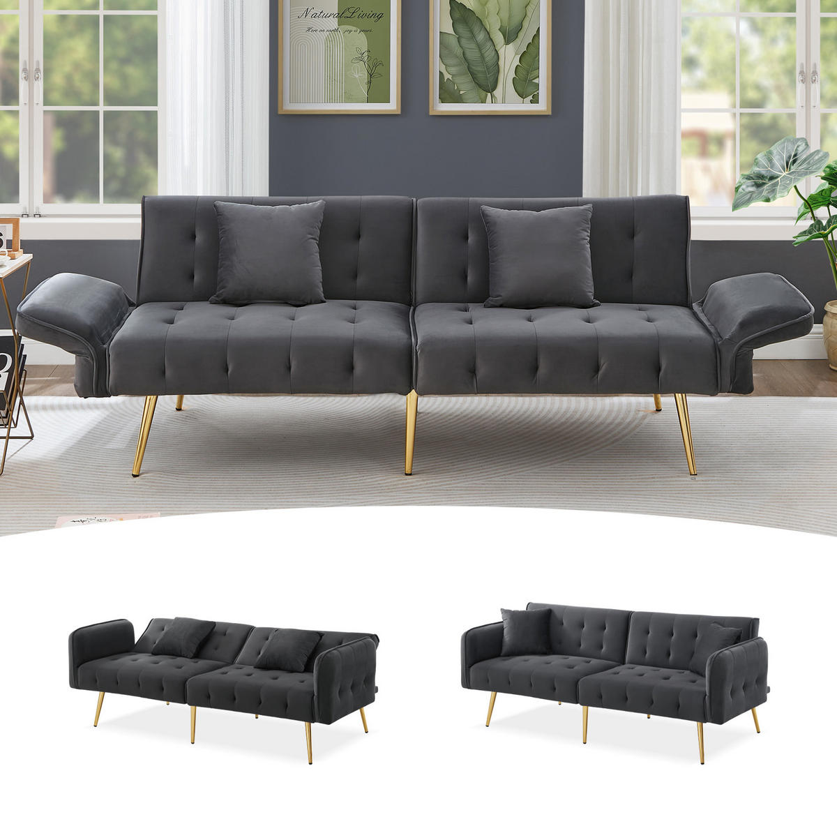 SCHLAFSOFA 2-Sitzer mit Liegefunktion 215 x 81,5 cm Velours Antique Gray - Grau, Kunststoff (178/70/82cm) - Meubliv