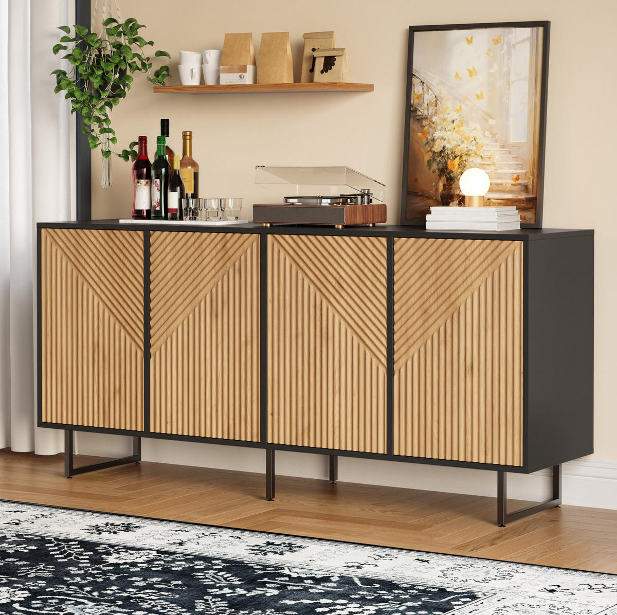 SIDEBOARD aus Spanplatte 160x40x75 cm Naturholz-Schwarz mit 4 Türen und 8 Fächern, strukturierter Front - Naturfarben, Holzwerkstoff (160/75/40cm) - Modfu