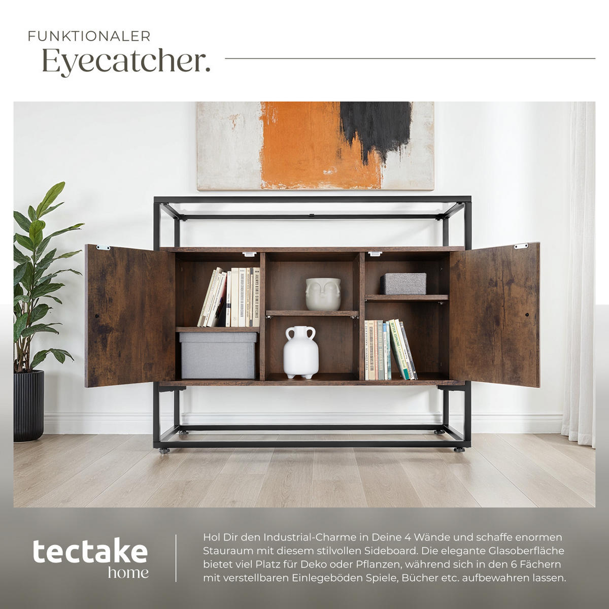 SIDEBOARD Oldham,100 x 38 x 80,5 cm,Industrial Holz dunkel, rustikal - Rostfarben, Holzwerkstoff (38/80.5/100cm) - tectake