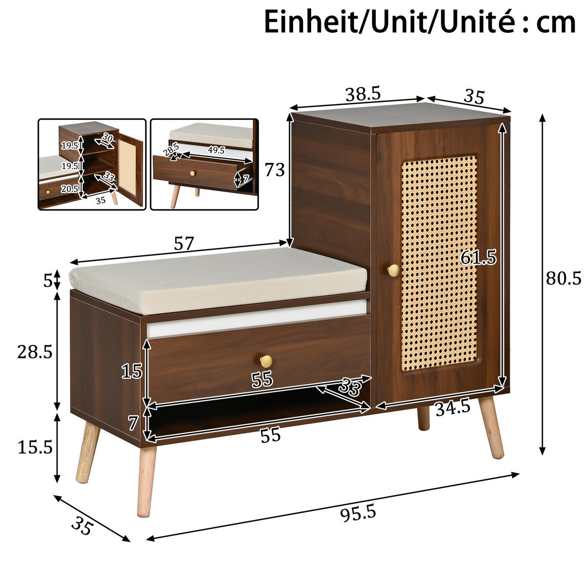 SCHUHSCHRANK 95,5/35/80,5 cm Nussbaum aus MDF und Spanplatte mit Sitzkissen - Naturfarben, Holzwerkstoff (95.5/80.5/35cm) - OKWISH