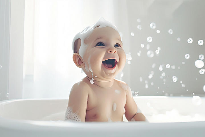 Baby in der Badewanne und lächelt dabei liebevoll.