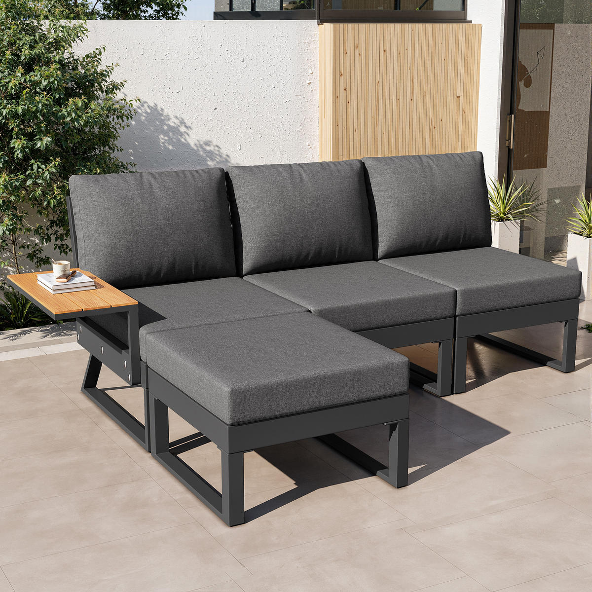 LOUNGESET, 7 Personen, Eisen, Ecksofa, Holztisch, Grau - Grau, Metall - FLIEKS