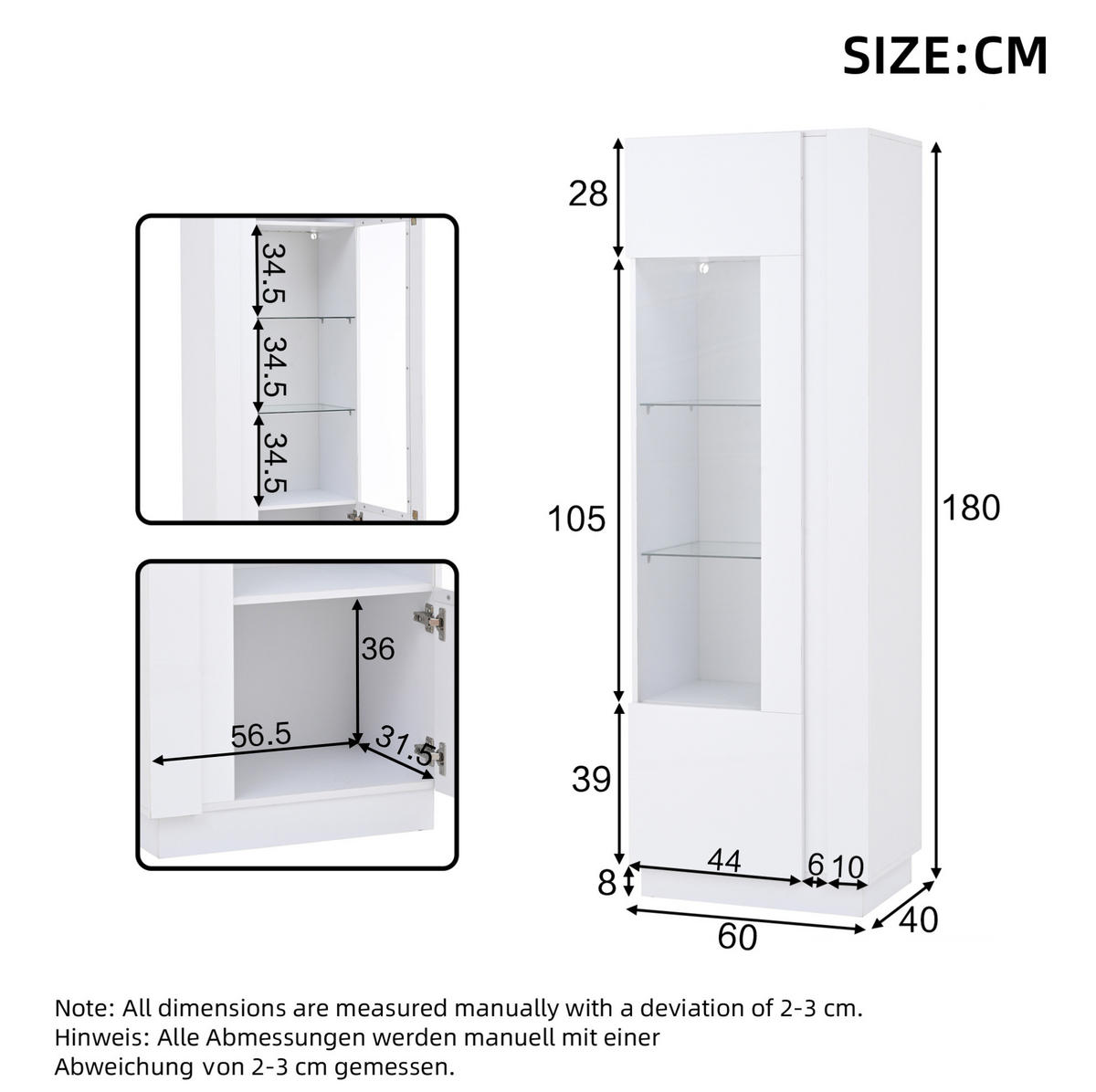 VITRINE 60/40/180 cm aus Holzwerkstoff mit Acrylfront, LED-Beleuchtung und Hochglanzfront Weiß - Weiß, Holzwerkstoff (60/180/40cm) - Modenvie