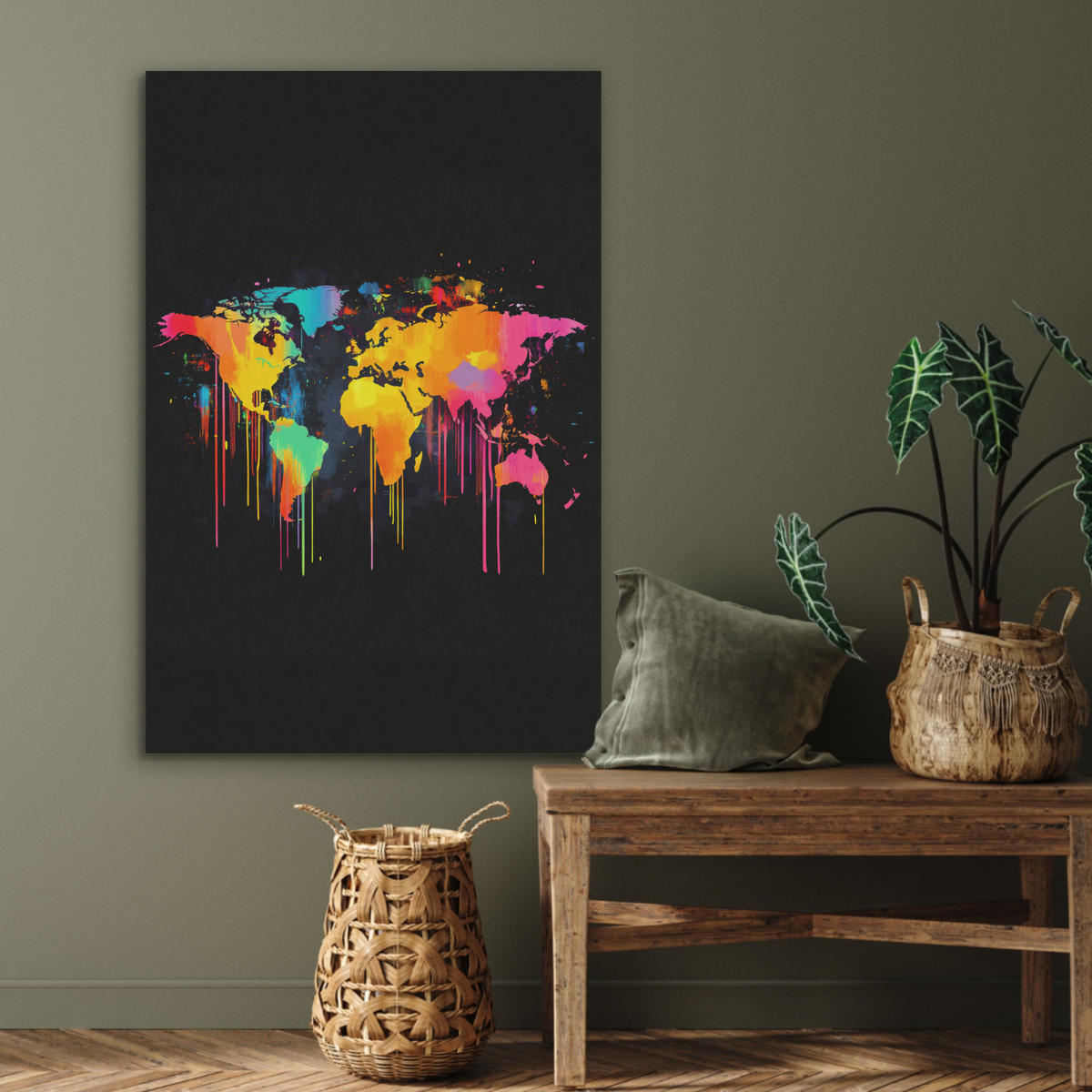 AKUSTICKÝ obraz Mapa světa - Barvy - Barevné - Graffiti - Svět 70x100 cm - různobarevná, textil (70/100/0.9cm) - MuchoWow