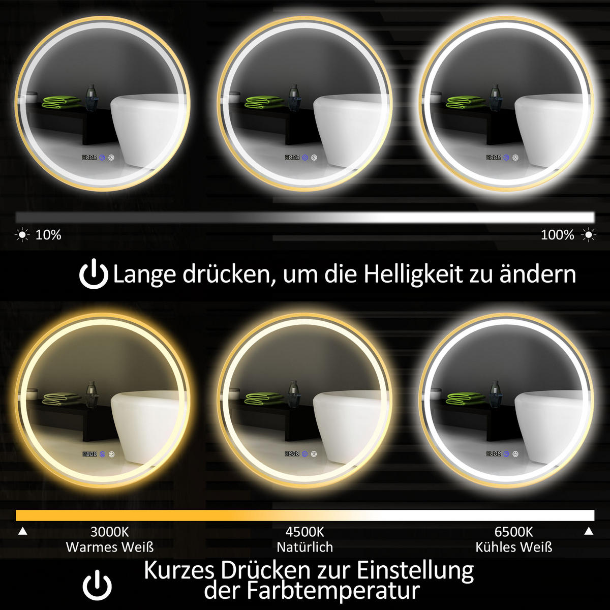 ROUNDER Badspiegel mit Beleuchtung 60 cm LED Spiegel mit Touchschalter Gold - Goldfarben, Glas (3.5/60/60cm) - HOMCOM