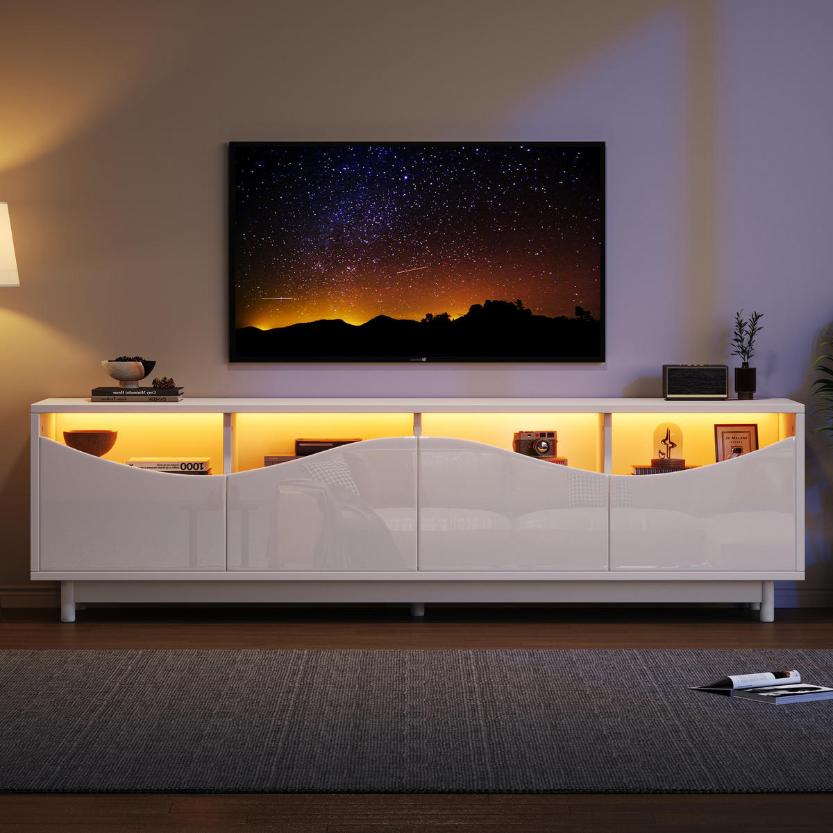 TV skrinka 175/38/51 cm biela s LED osvetlením a bezúchytkovými dvierkami z MDF a tvrdeného skla - biela, kompozitné drevo (175/51/38cm) - OKWISH