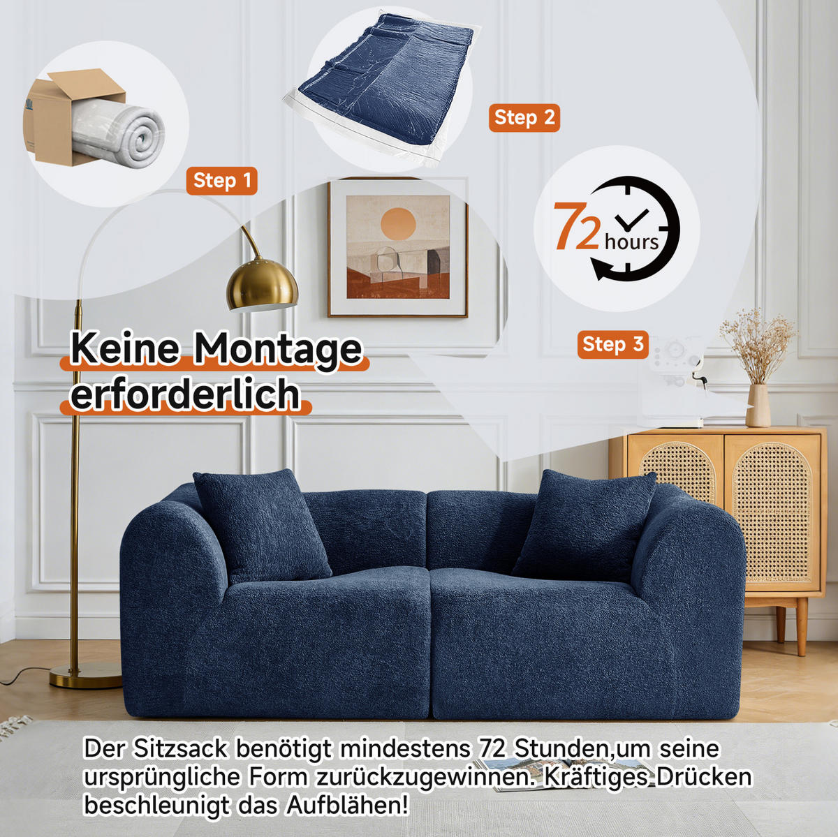 2-SITZER Sofa Samt mit 2 Kissen 193/87/67 cm Blau - Blau, Textil (87/67/193cm) - Redom