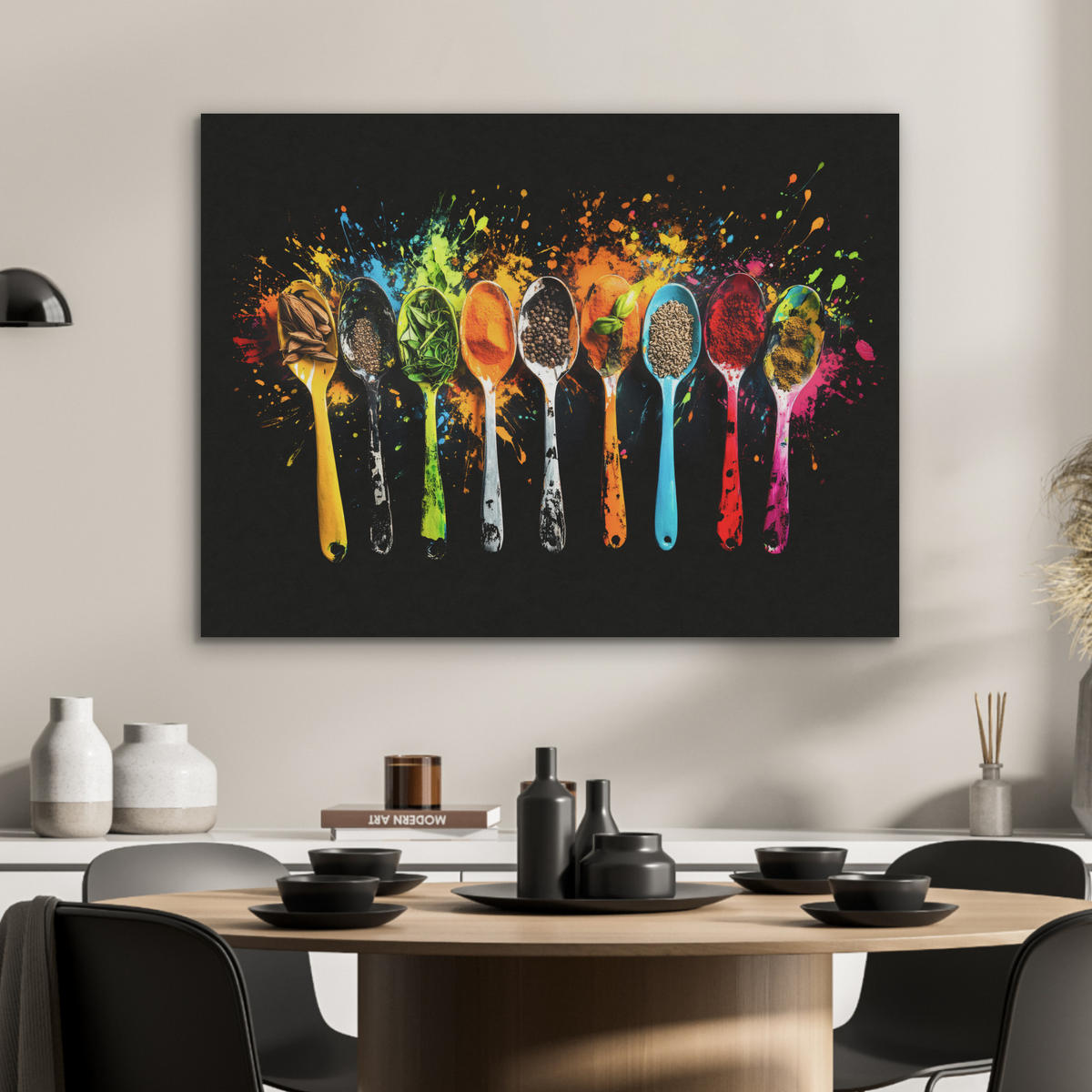 AKUSTIKBILD Löffel - Gewürze - Modern - Graffiti - Farbe - Farbenfroh Gemälde 80x60 cm - Multicolor, Textil (80/60/0.9cm) - MuchoWow