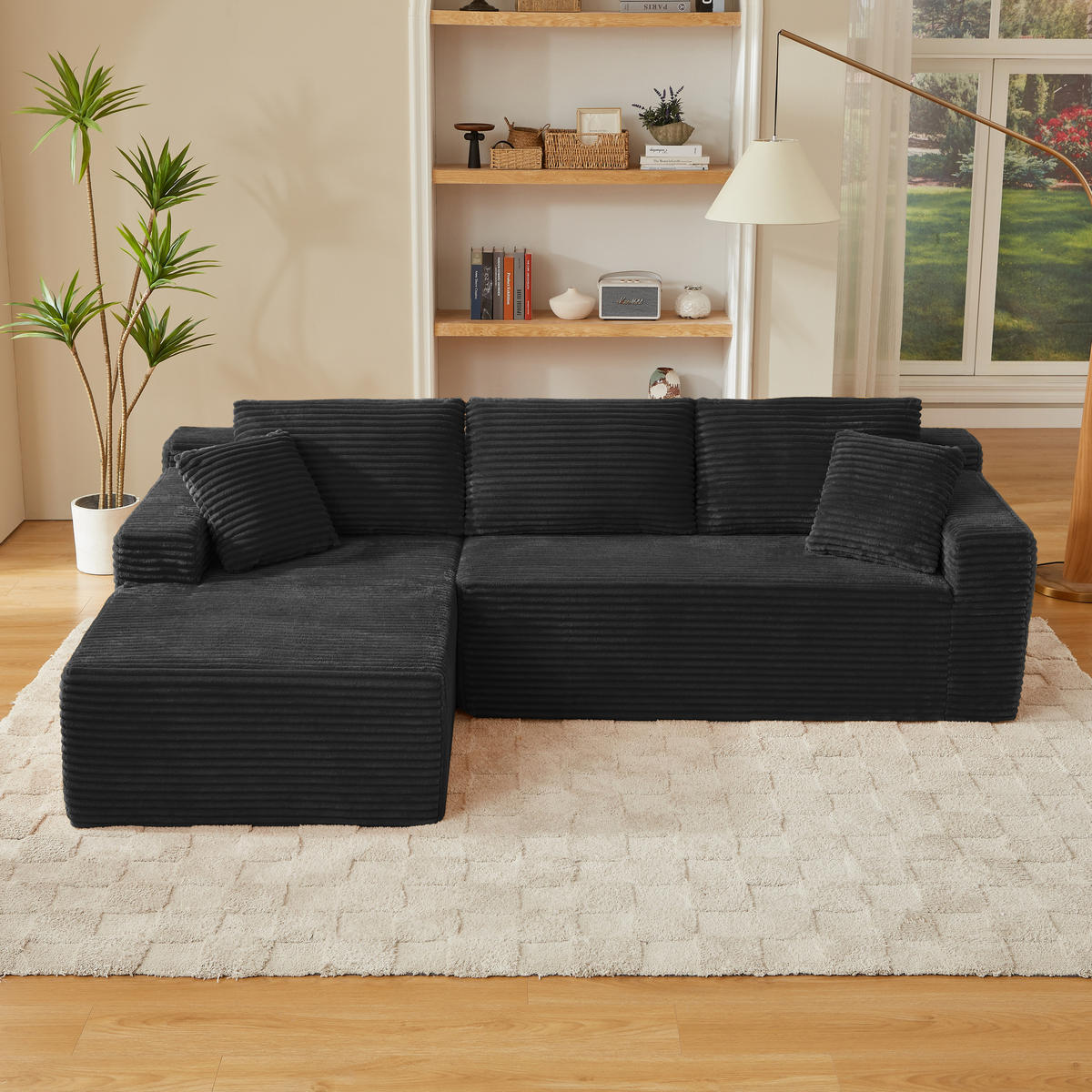 ECKSOFA 3-Sitzer Cord Schwarz mit Rücken- und Nackenkissen - Schwarz, Textil (252.5/163cm) - WISHDOR