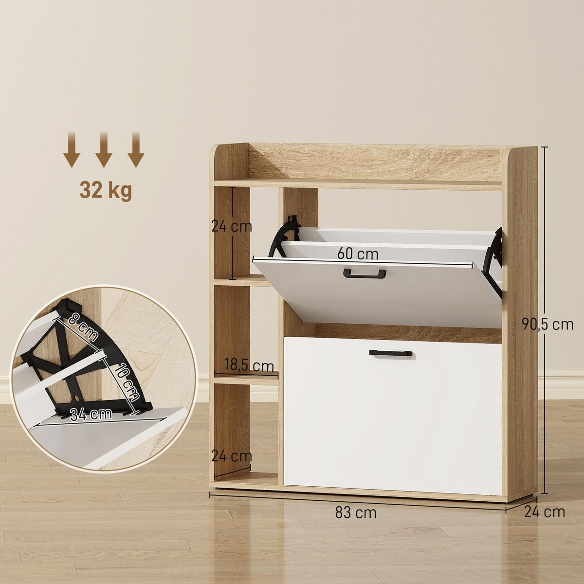 SCHUHKIPPER DE-15068 2 Klapp-Schubladen, 3 Seitenfächer, für 15 Paar Schuhe Naturholz - Naturfarben, Holzwerkstoff (83/90.5/24cm) - ComfortXL