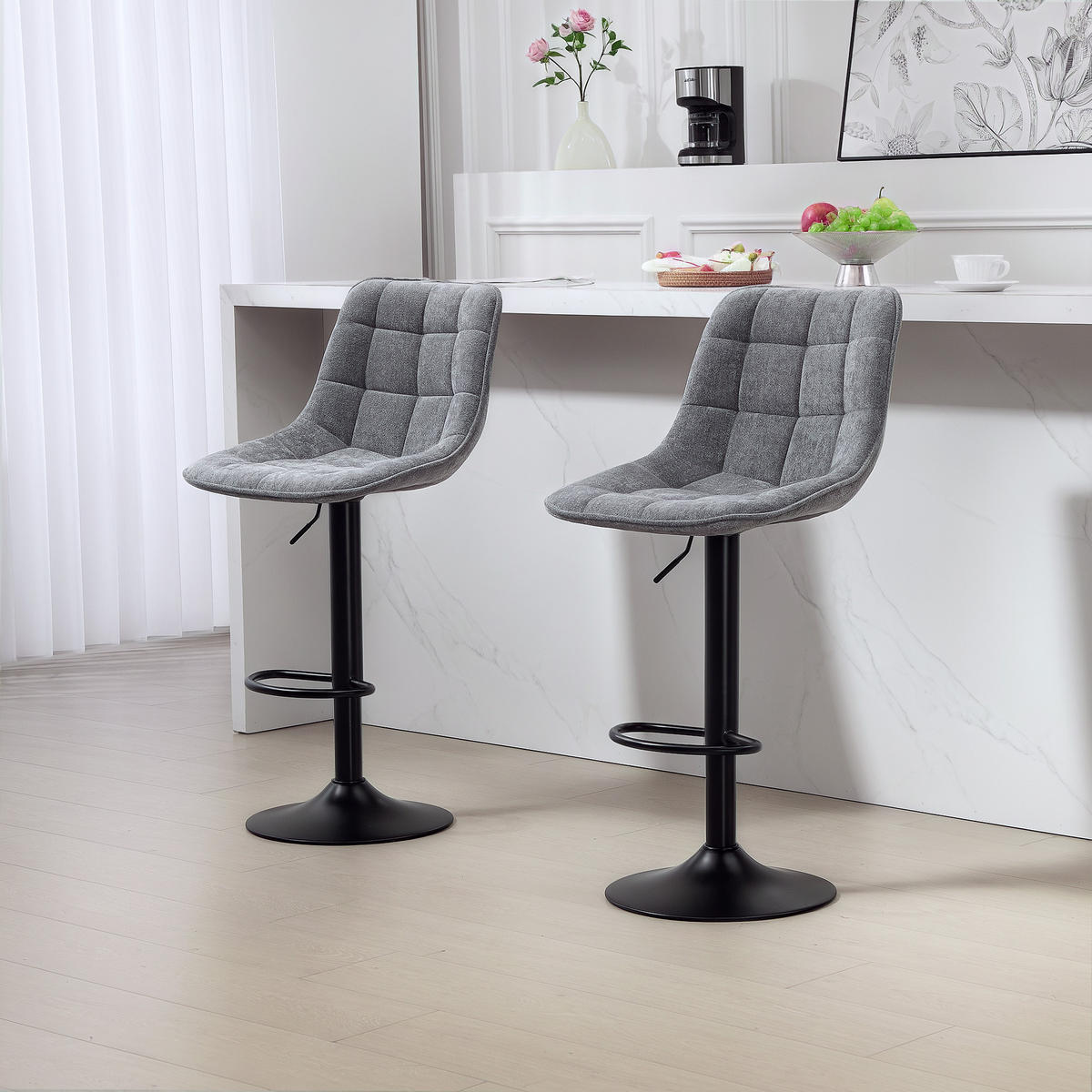BARHOCKER 2er-Set, Gepolstert Barstuhl mit Lehne, Chenille-Optik Dunkelgrau - Dunkelgrau, Kunststoff (47/117/53cm) - HOMCOM