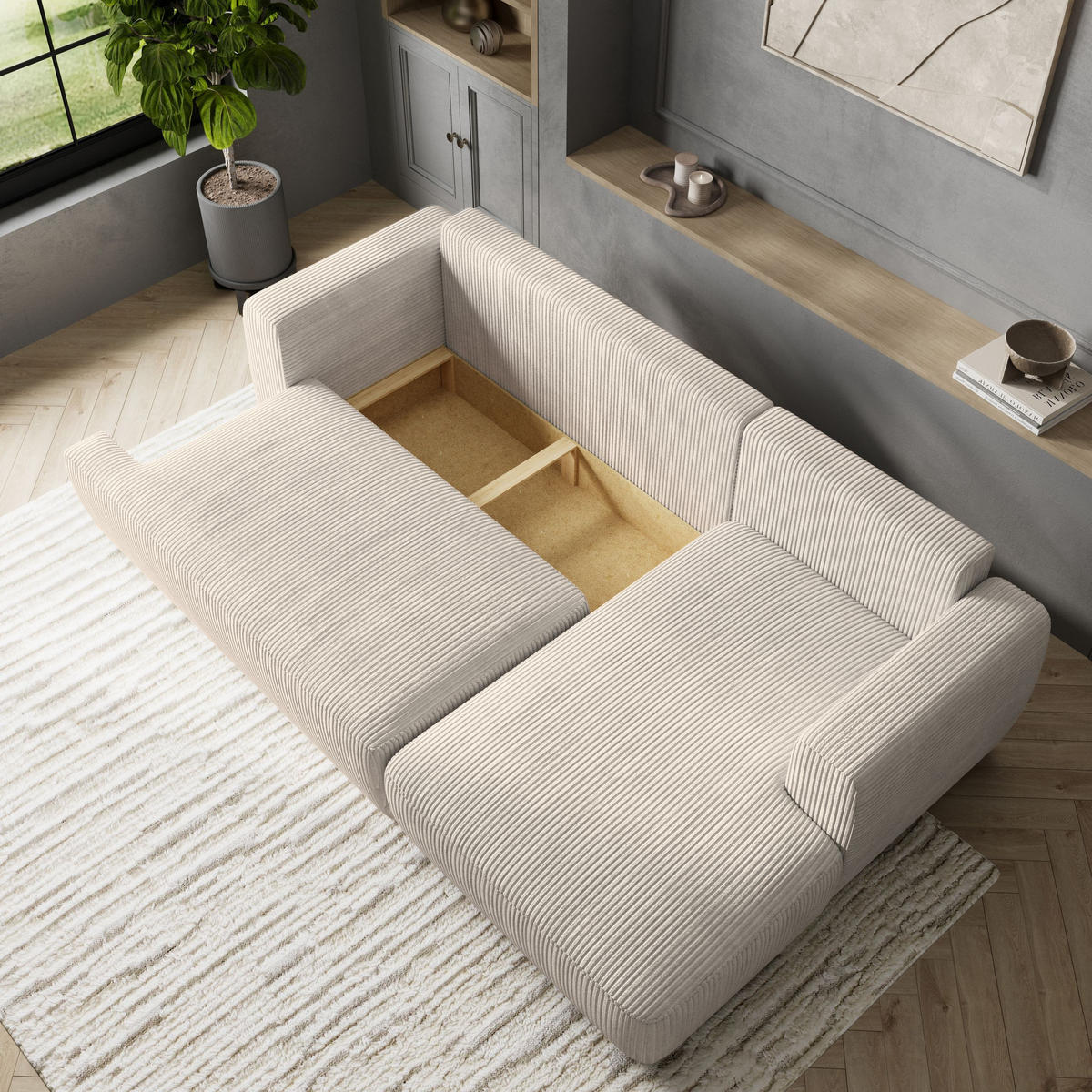 ECKSOFA SENTI P R-S Creme Kordstoff mit Schlaffunktion - Creme, Holz (246/148cm) - MASSENO
