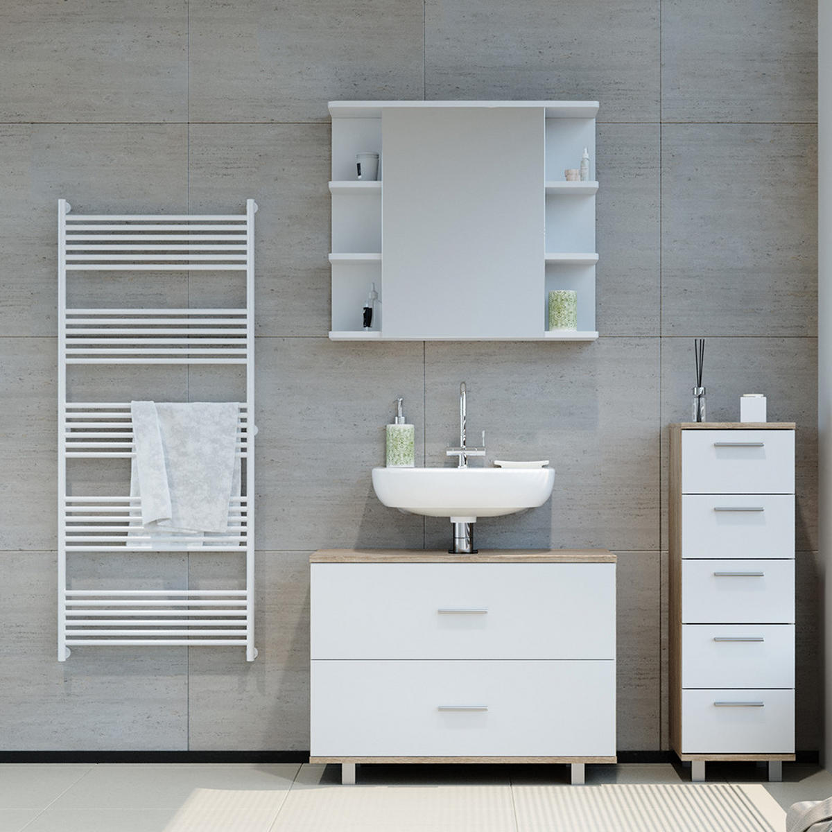 BADMÖBEL-SET Ilias Weiß/Sonoma 3 Teile, mit Unterschrank 80 cm - Weiß/Sonoma Eiche, Holzwerkstoff (80/60/33cm) - Vicco