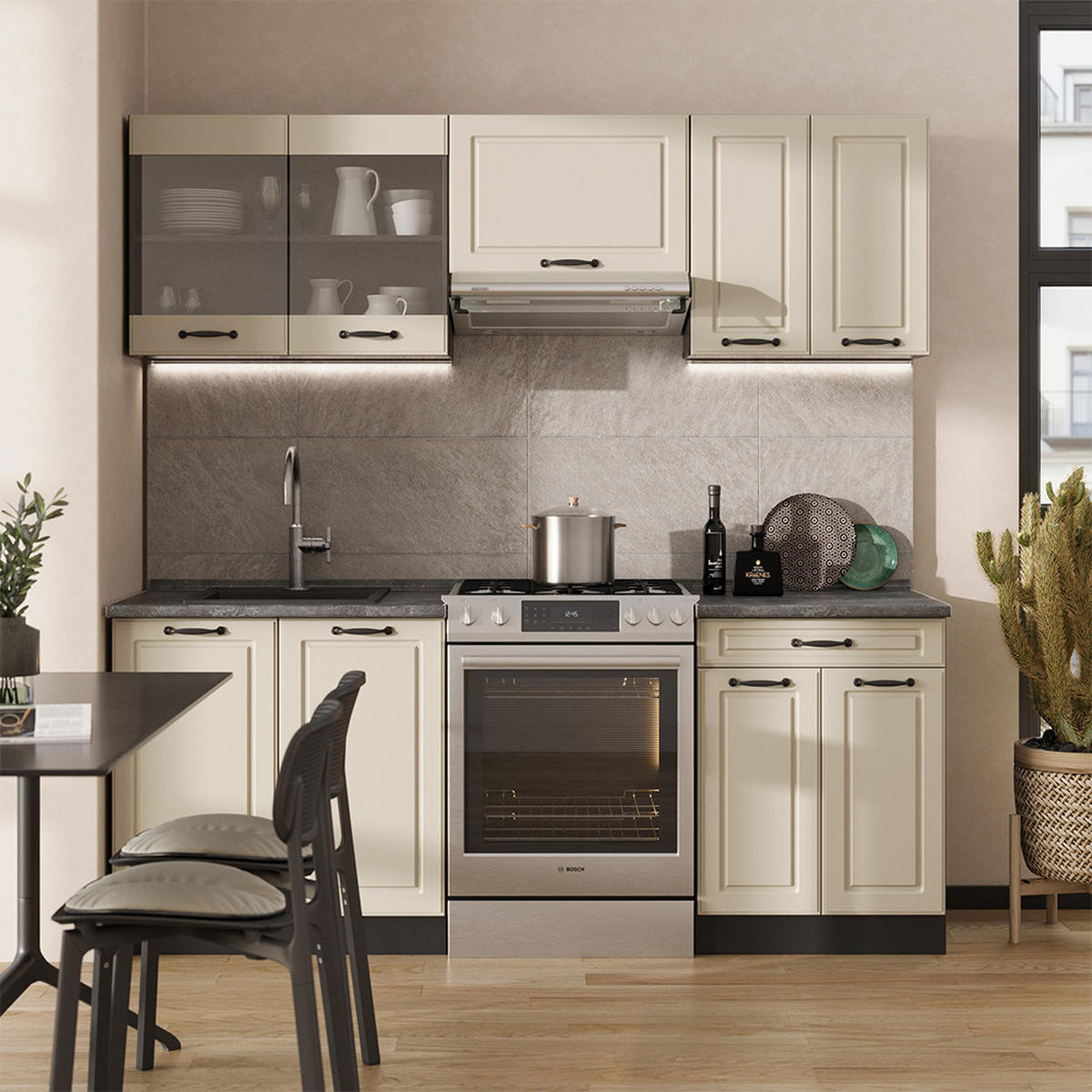 KÜCHENZEILE R-Line, Sand Landhaus/Anthrazit, 200 cm Arbeitsplatte Anthrazit - Beige/Anthrazit, Holzwerkstoff (200/81.6/60cm) - Vicco
