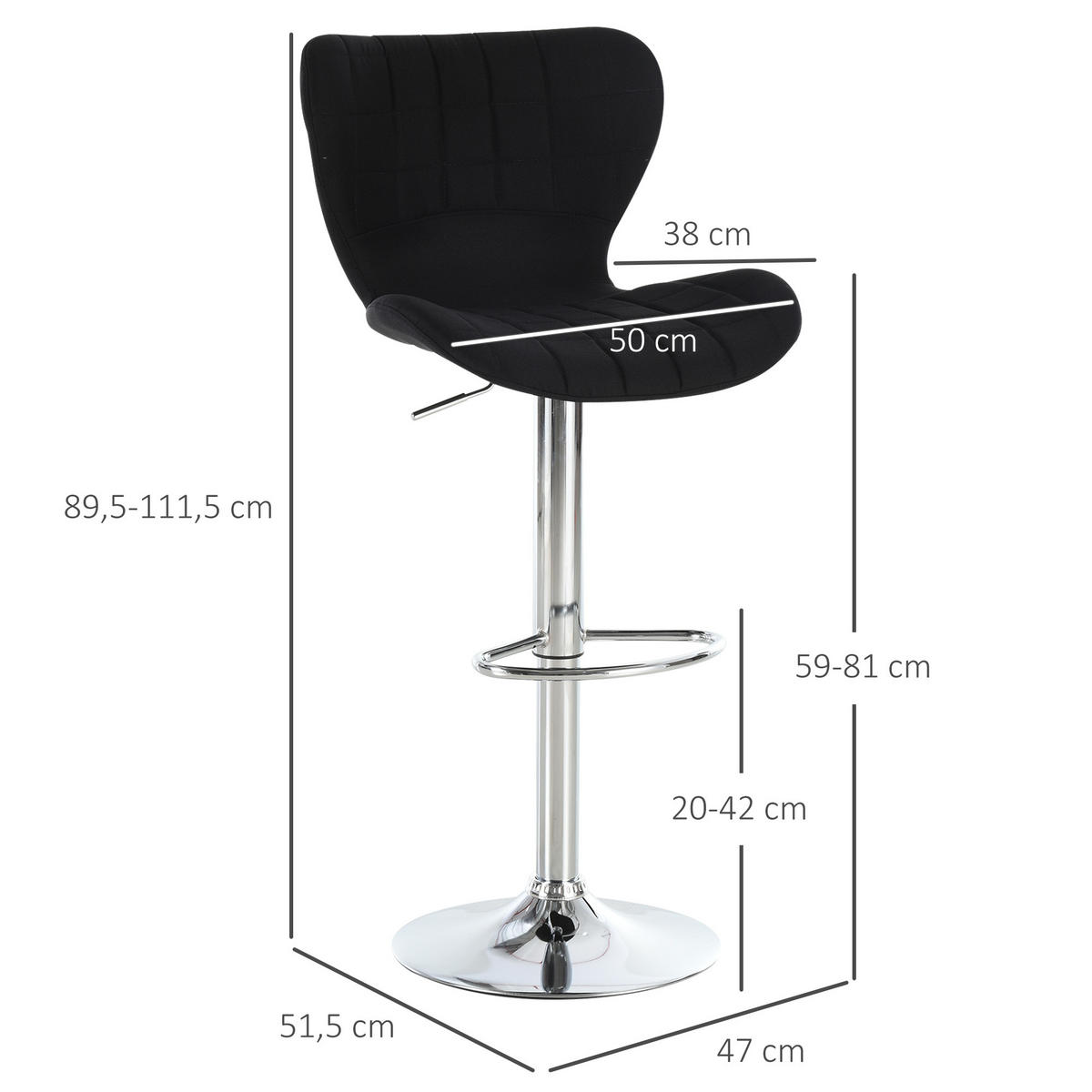 BARHOCKER 2er-Set DE-14689 höhenverstellbar & 360° schwenkbar Schwarz - Schwarz, Metall (51.5/111.5/47cm) - ComfortXL